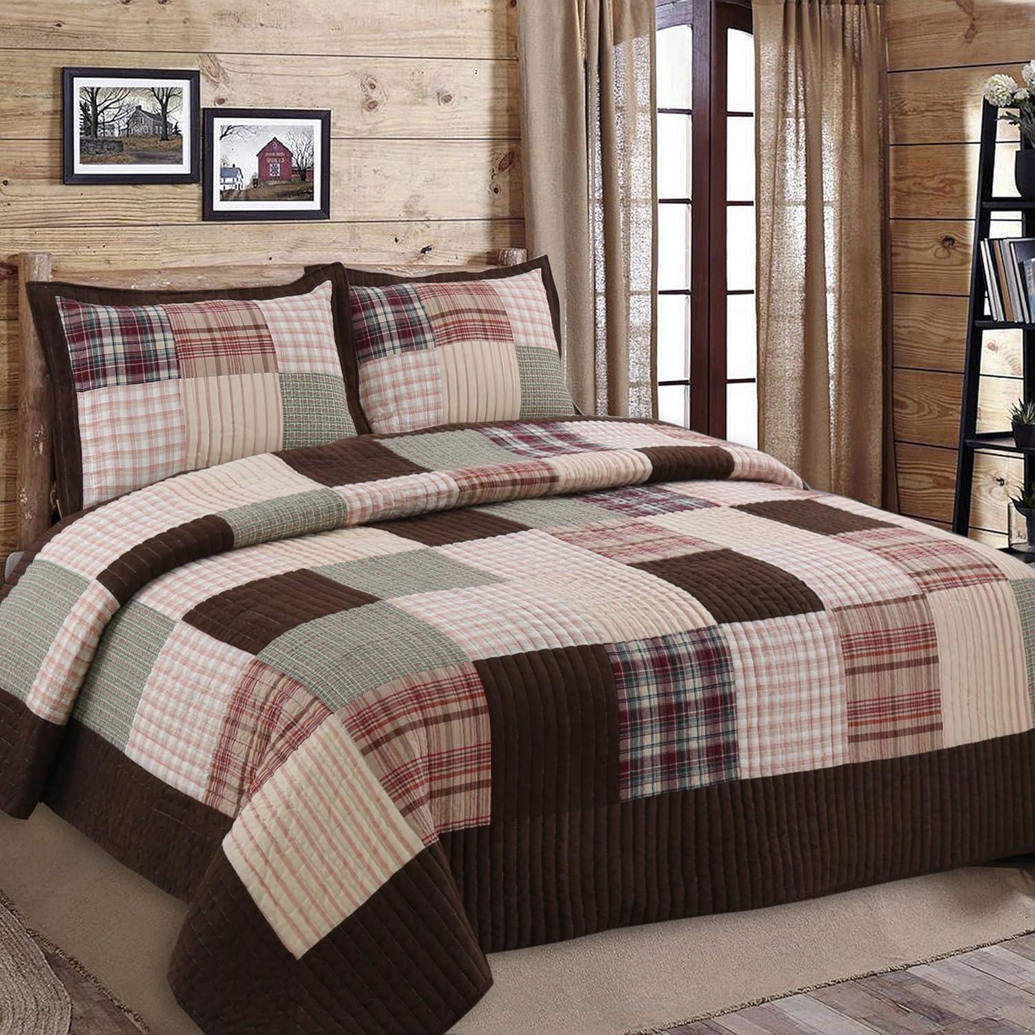 Queen Brown Cotton Reversible Patchwork Quilt Set