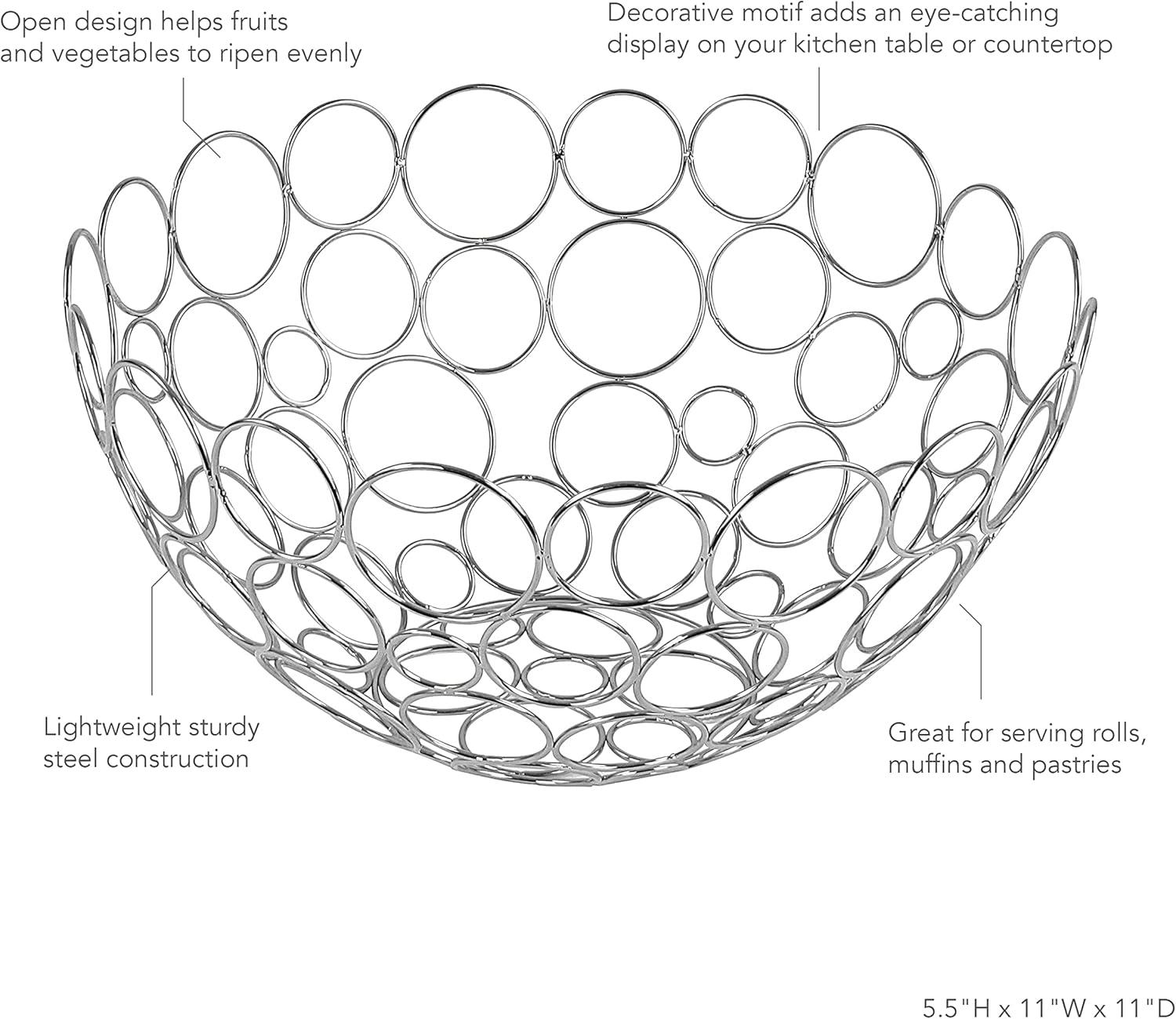 Chrome Round Metal Wire Fruit Bowl with Circular Design