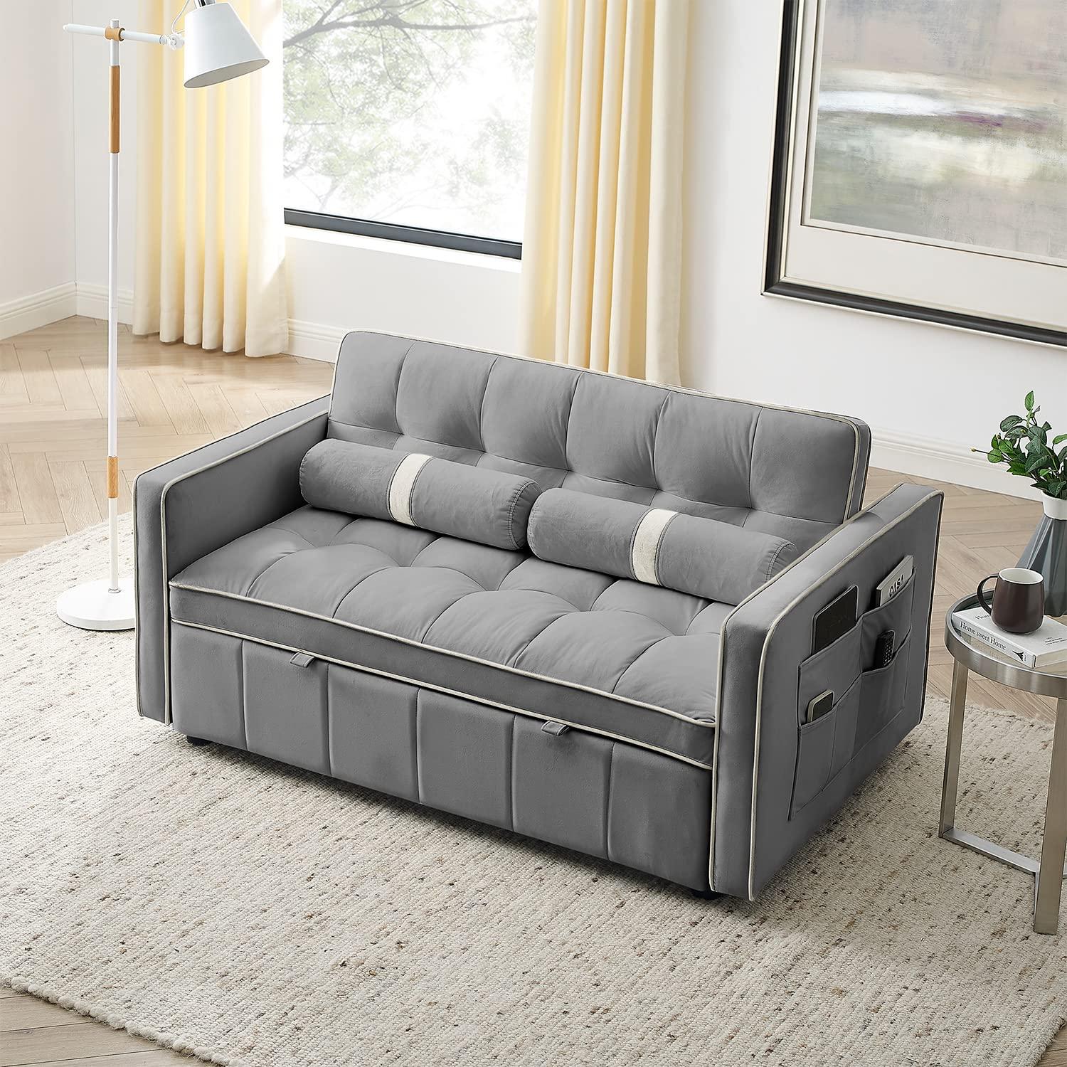 Yeahumalia 3 in 1 Convertible Velvet Loveseat Sleeper Futon Sofa Bed, Pull Out Couch with Side Table for Living Room, Bedroom, Grey