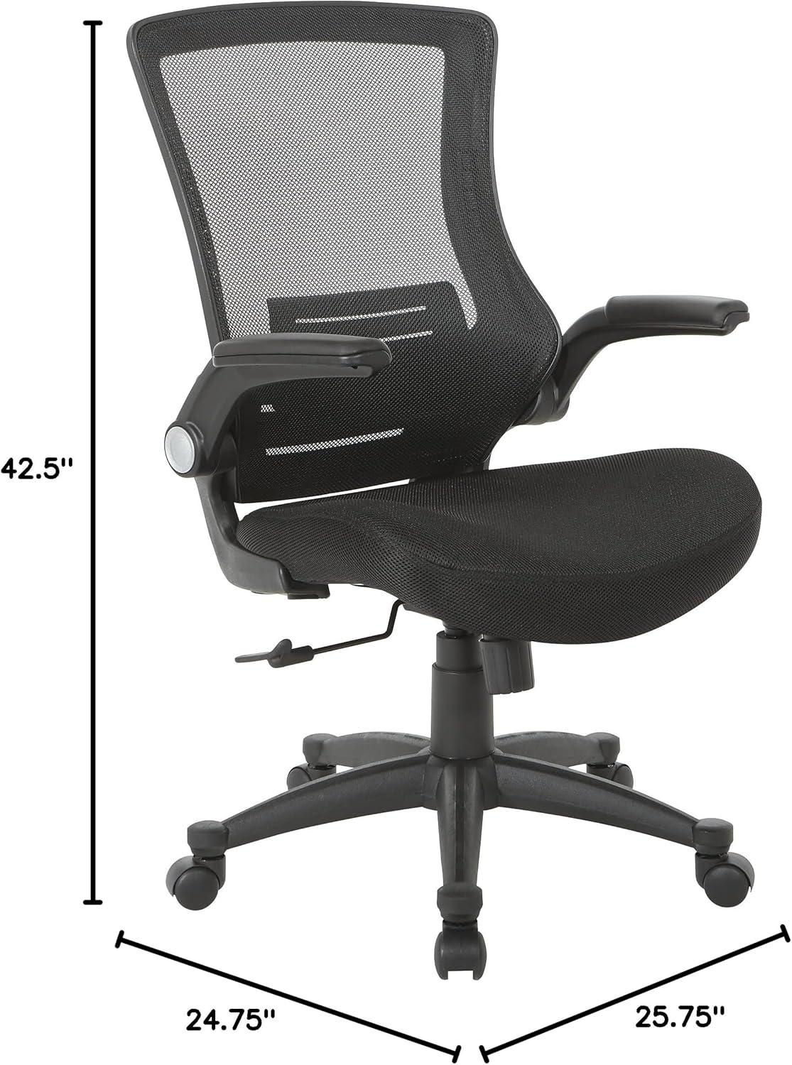 Office Star Products Screen Back Manager's Chair in Black Mesh Seat with PU Padded Flip Arms with Silver Accents