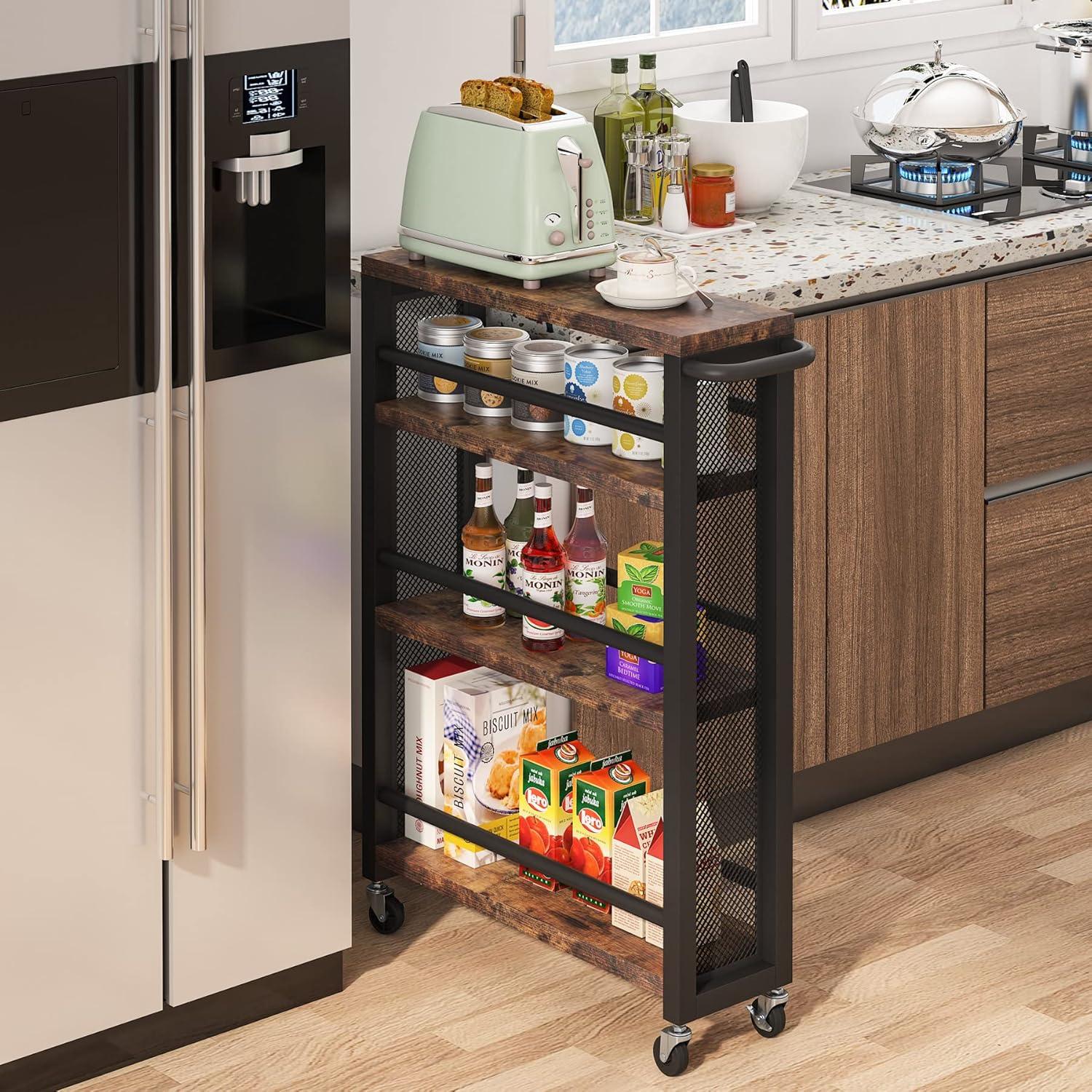 Tribesigns Slim Kitchen Cart,4 Tiers Storage Rolling Cart,Narrow Serving Trolley Cart on Wheels,Utility Cart with Handle for Small Space,Wood Cart with Wheels for Kitchen,Brown