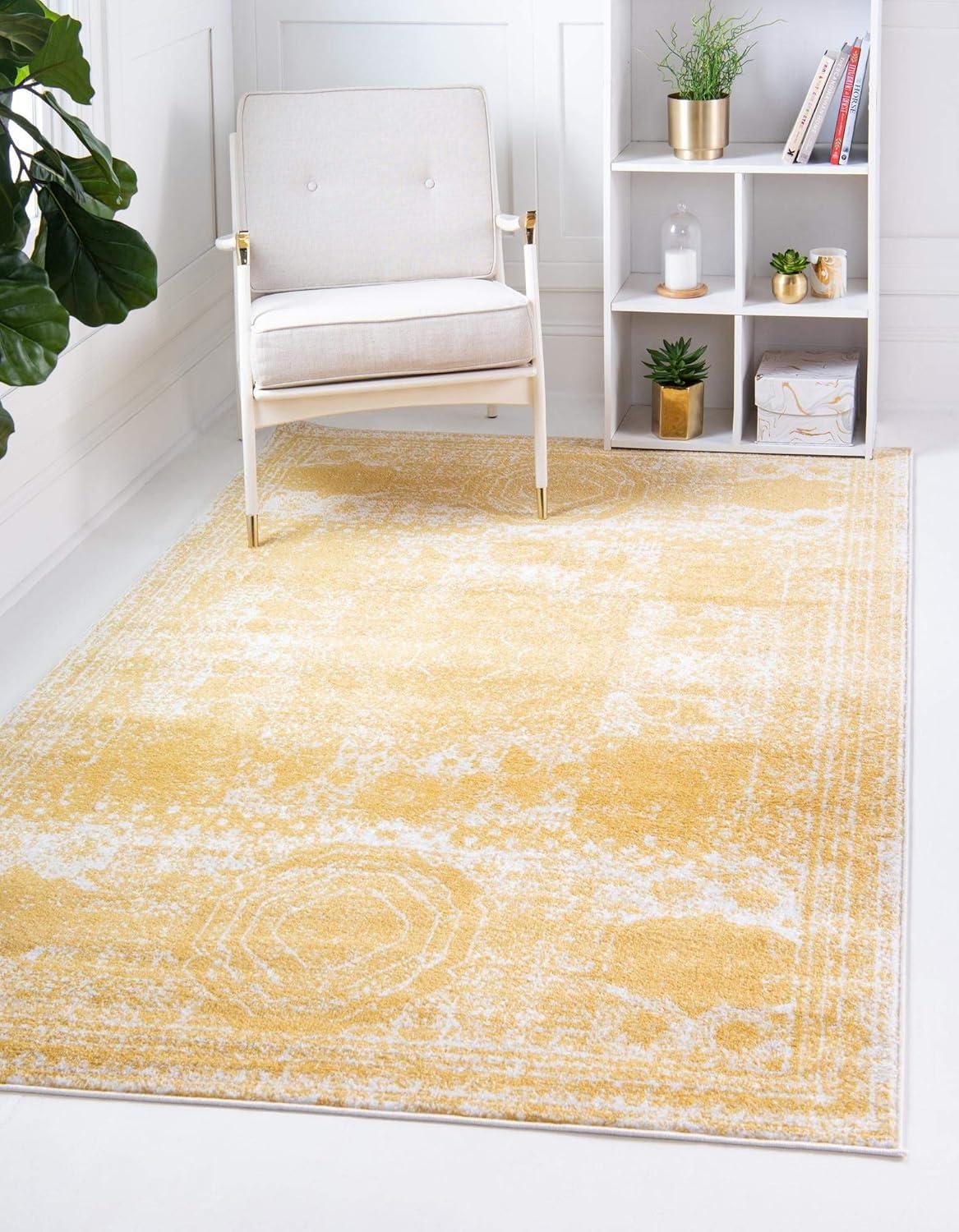 Yellow Rectangular Easy Care Synthetic Area Rug