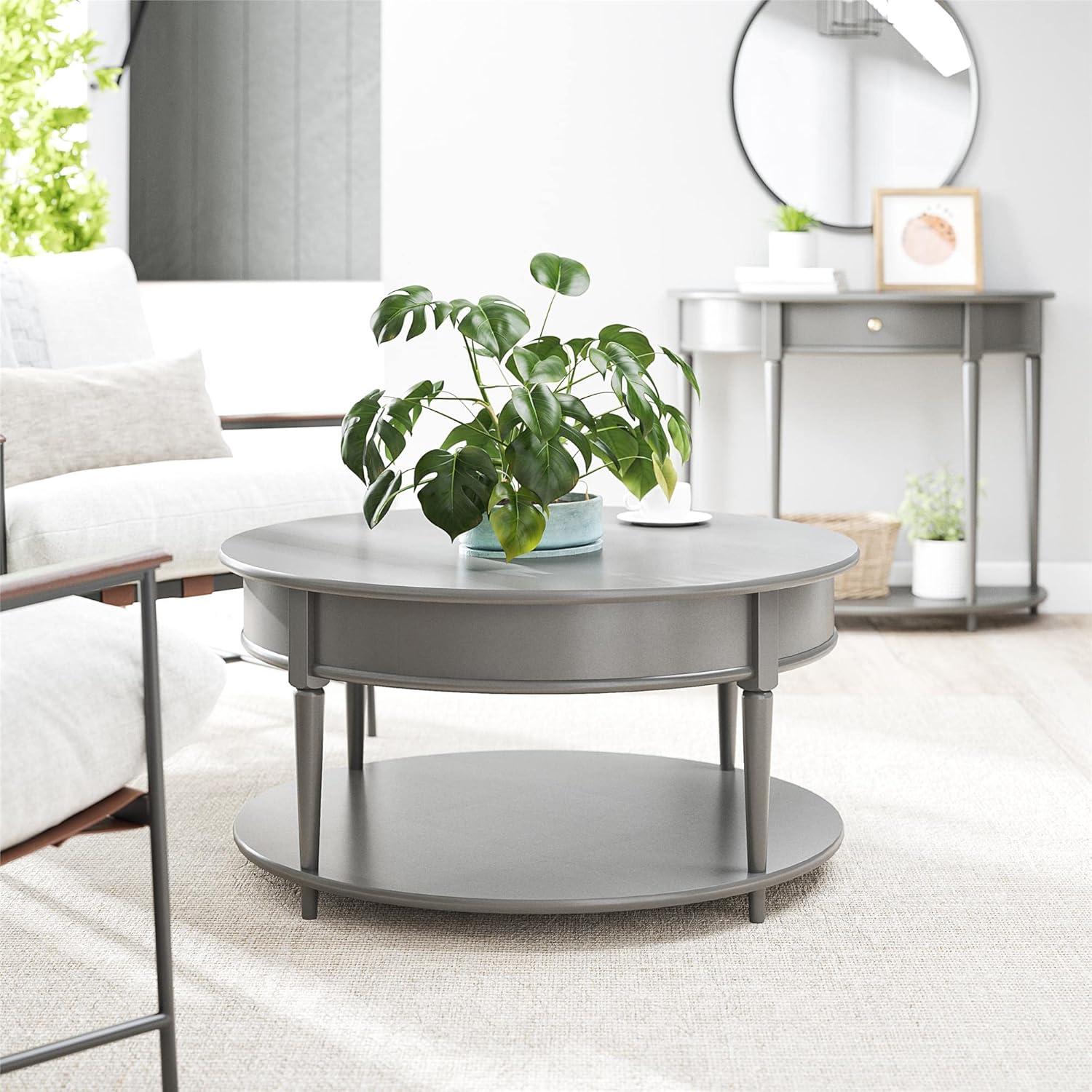 Gray Round MDF Coffee Table with Lower Shelf