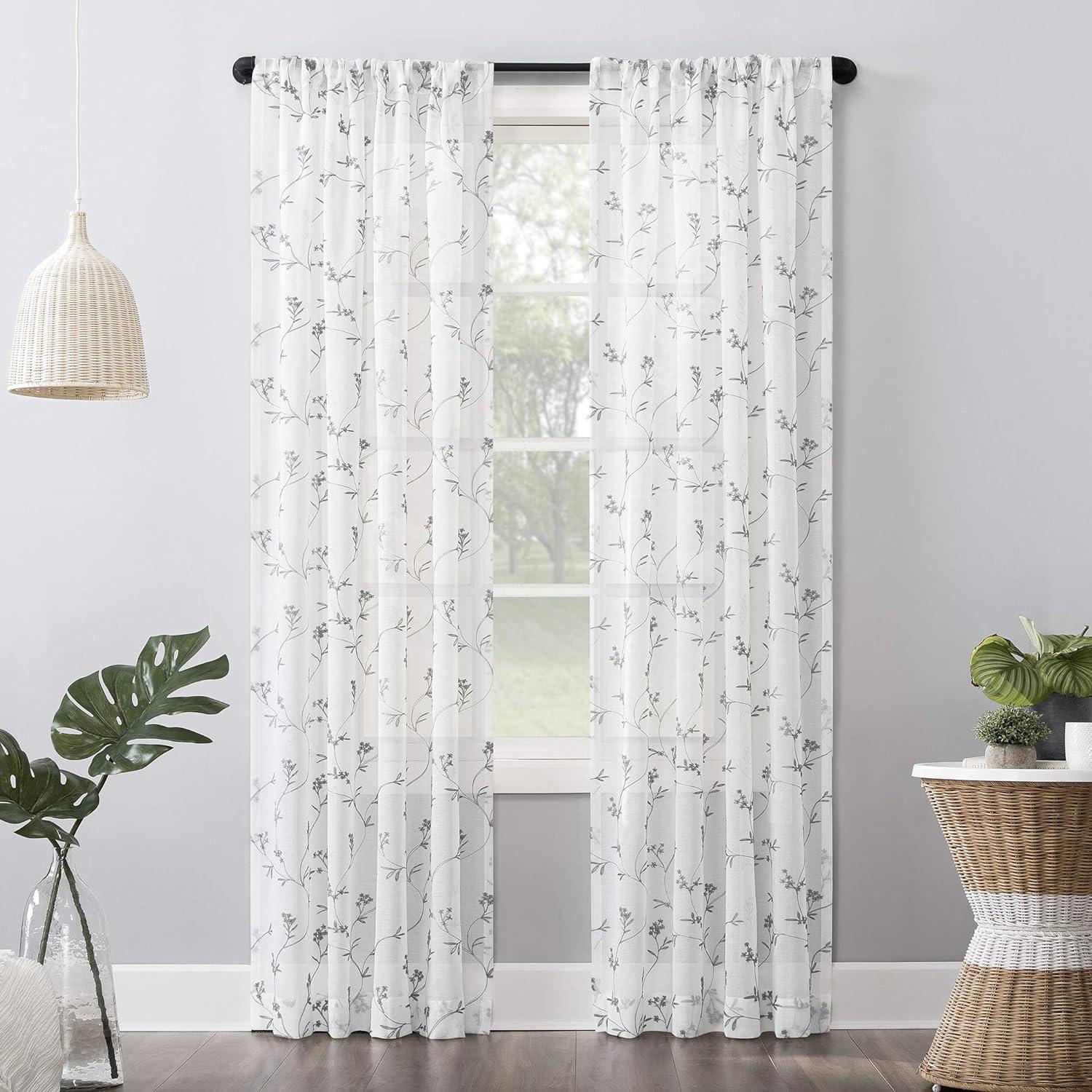 White Sheer Embroidered Floral Rod Pocket Curtain Panel