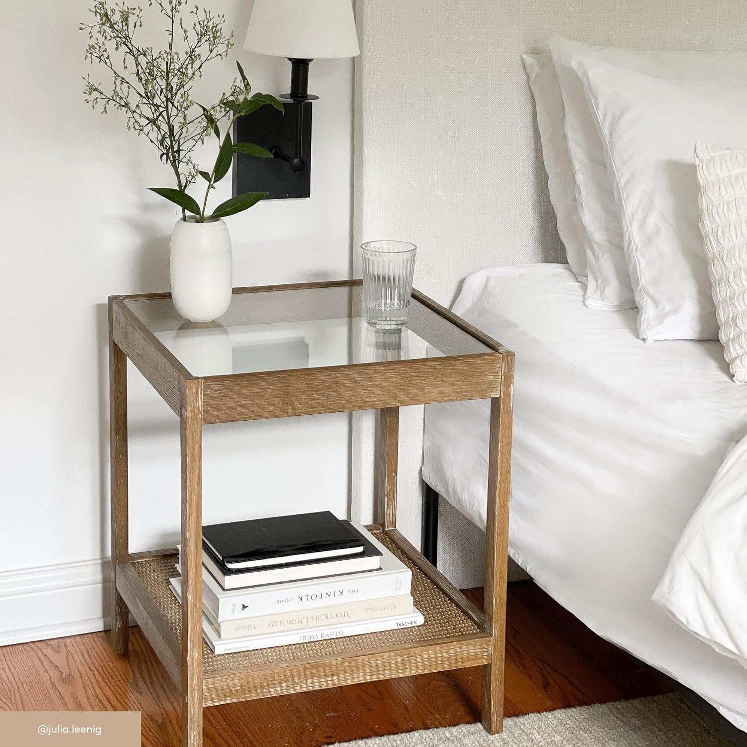 Hayes Solid Wood Rattan and Glass Top Side Table Brushed Light Brown - Nathan James