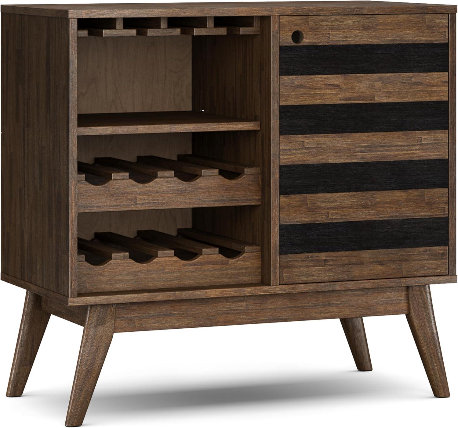 Simpli Home Clarkson 39"W Solid Acacia Mid-Century Tall Wine Rack Cabinet with Stemware Rack and 12-Bottle Storage