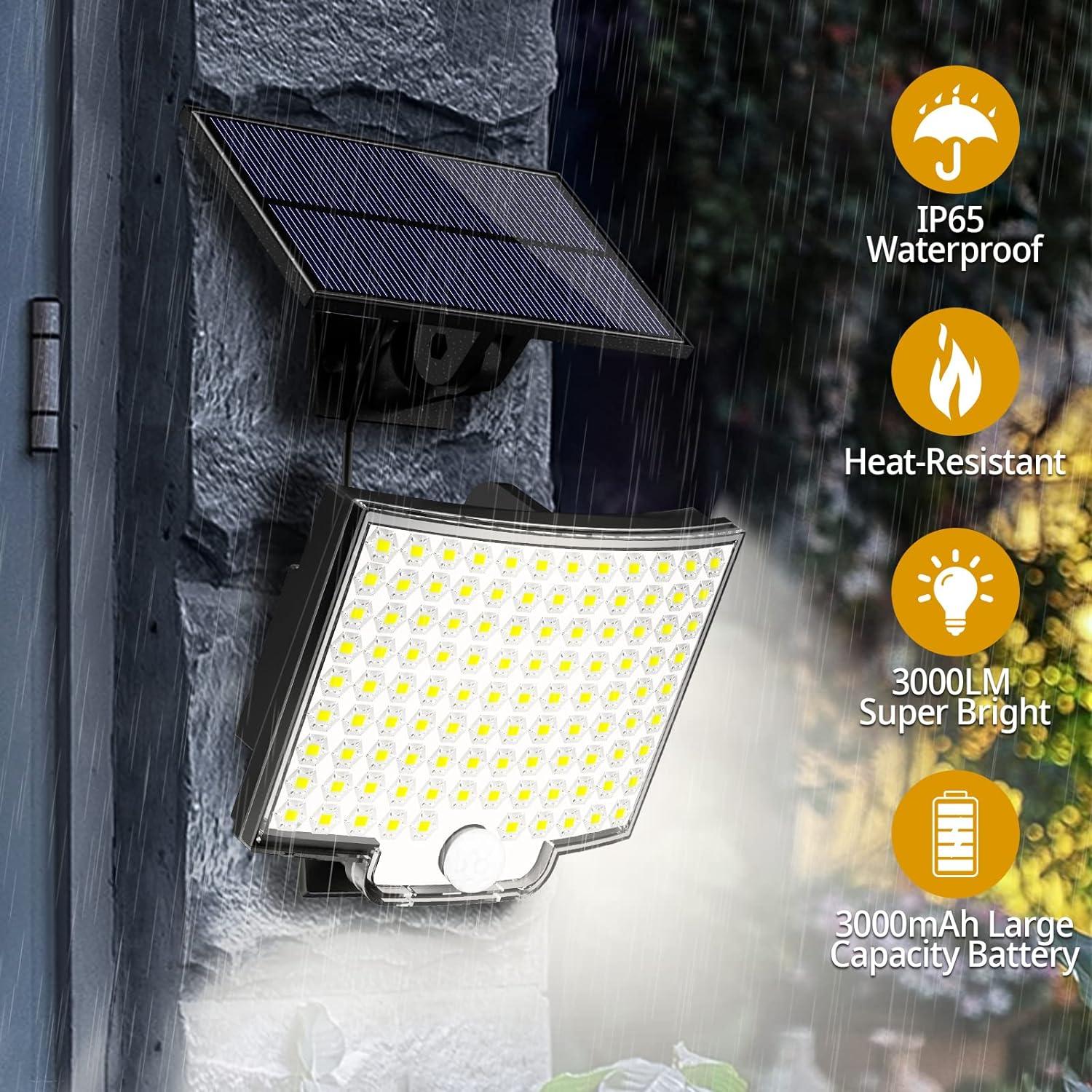 106 LED Solar Powered Motion Sensor Flood Lights - Dusk to Dawn Solar Security Wall Lights with Remote Control 4 Modes, 3000LM, IP65 Waterproof Outdoor Lighting Solution for Brighter Nights