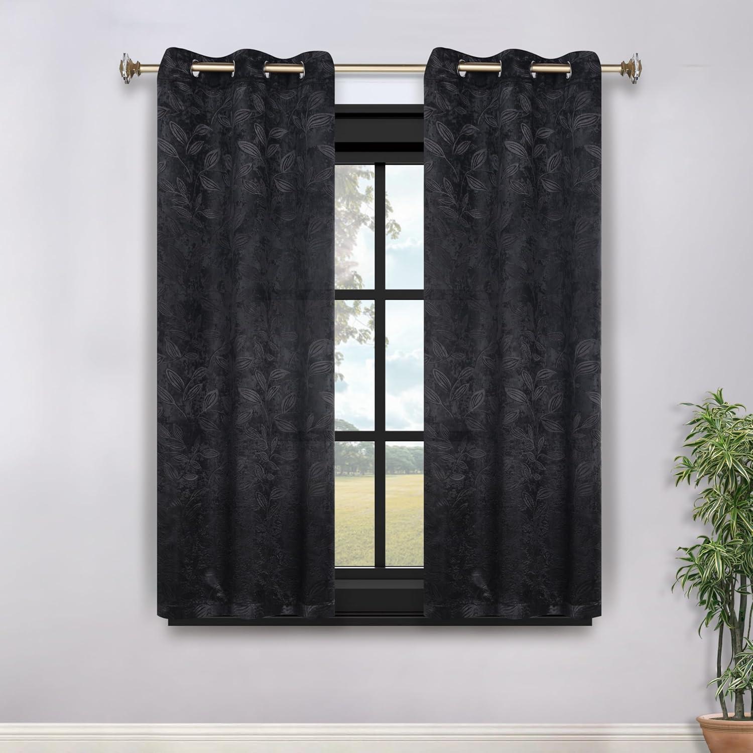 Superior Leaves Blackout Curtains, Set of 2, 42" X 63", Black