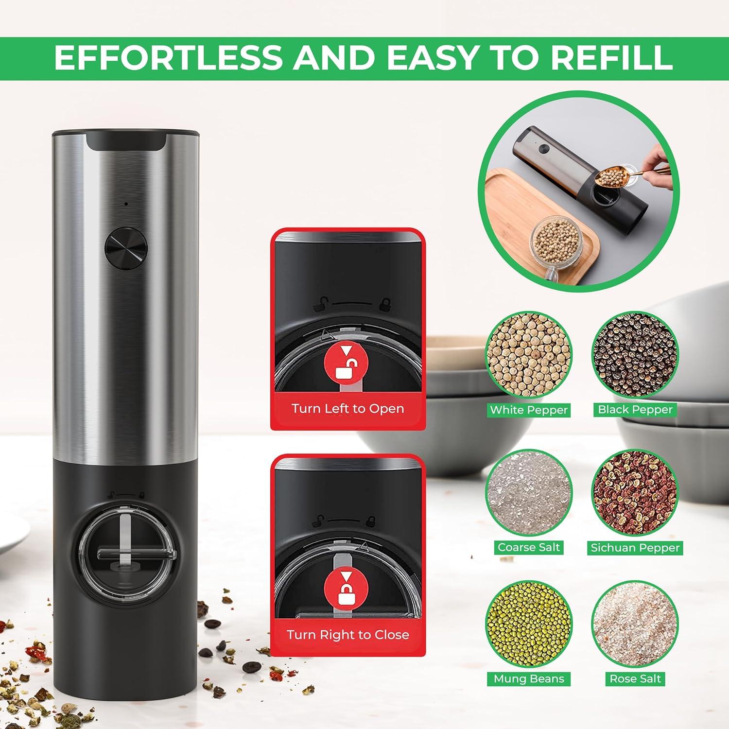 Electric Salt And Pepper Grinder Set W/usb Rechargeable Base, No Battery Needed, One Handed Operation, Automatic Powered Spice Mill Shakers Refillable