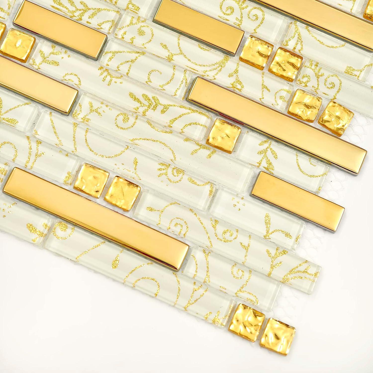 Metallic Glass Tile Luxury Gold Linear Interlocking Elegant Floral Pattern Accents Mosaic for Kitchen Backsplash Bathroom Wall and Fireplace Decor (3x12 Sample)
