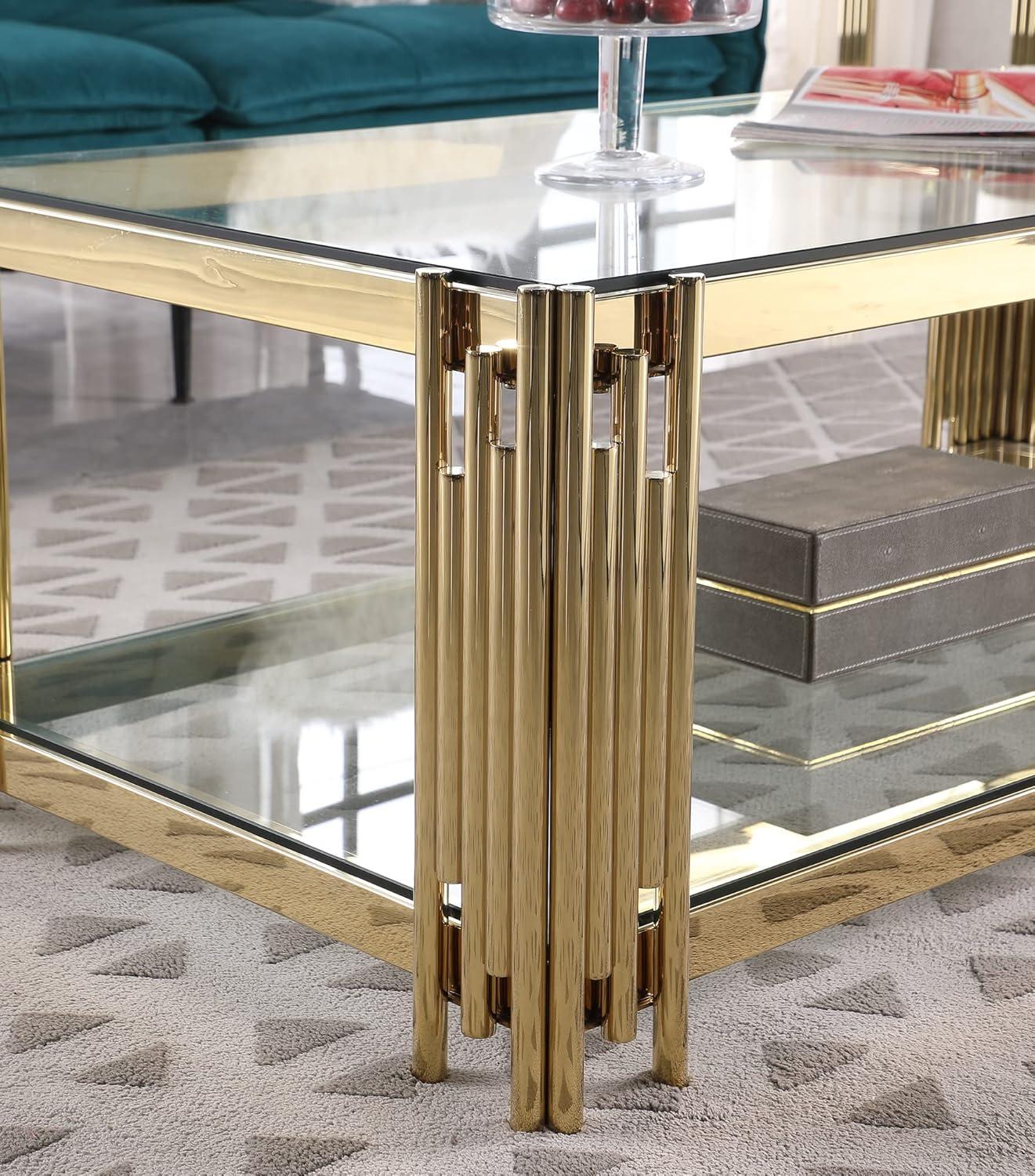 Luxurious Golden Stainless Steel Double-Layer Rectangular Coffee Table with Glass Top  Wide 48” Modern Worker Furniture for Elegant Living Room Decor