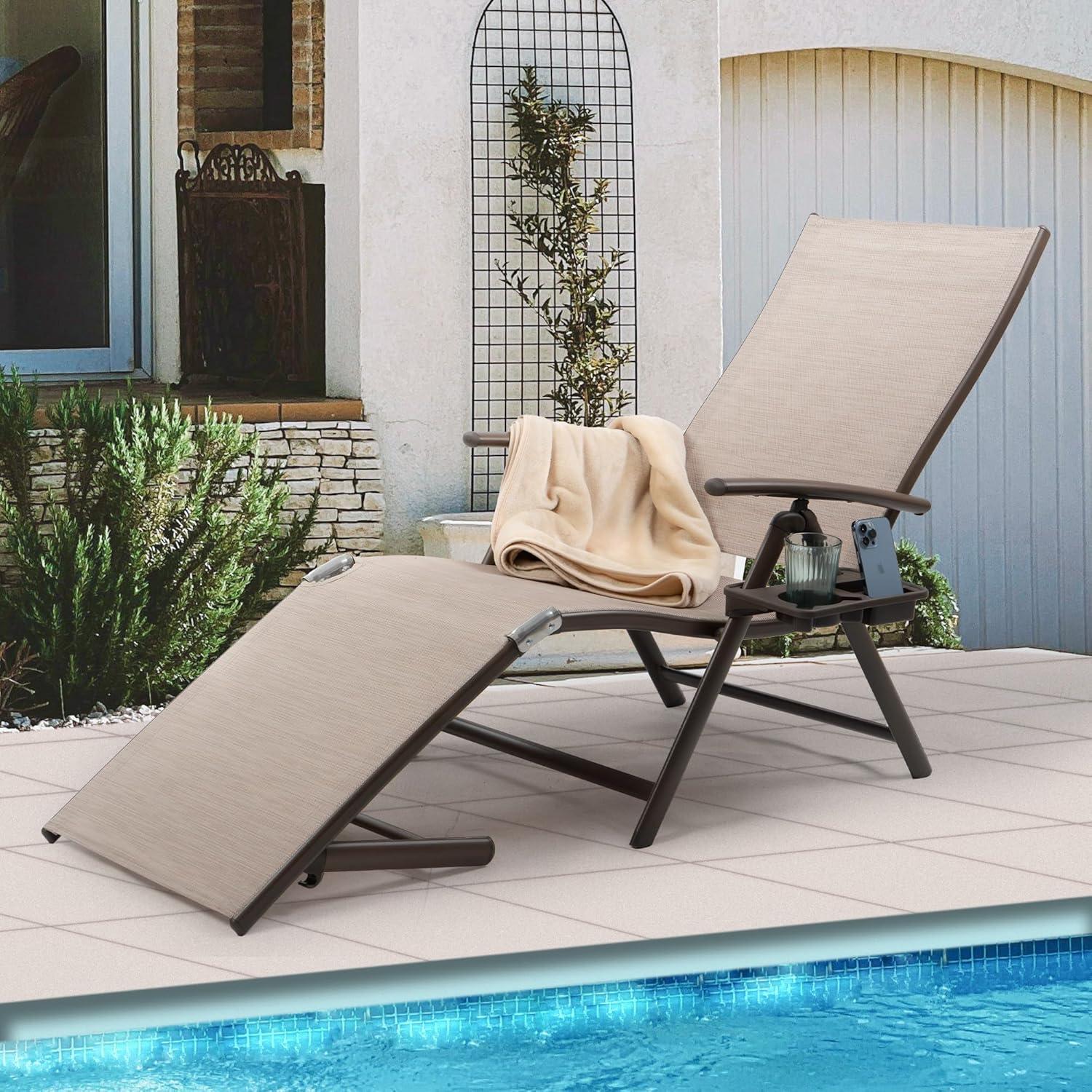 Kozyard Cozy Aluminum Reclining Lounge Chair - Perfect for Beach, Yard, Pool, Deck, and Patio - Outdoor Chaise Lounge with Drink Holder, Weather Free, Adjustable - Assemble-Free(1 Pack, Beige)