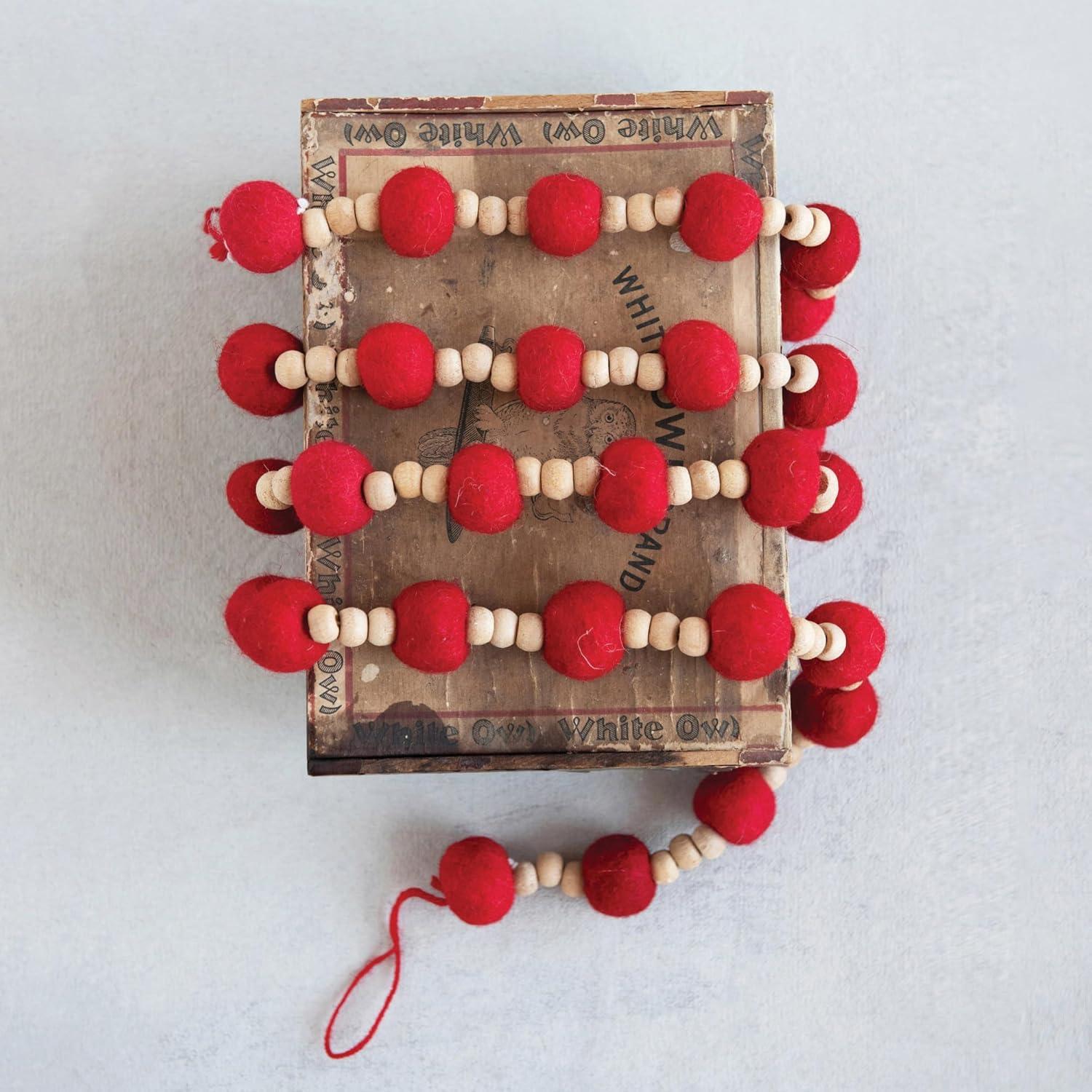 72" Red Wool Felt Ball and Wood Bead Garland