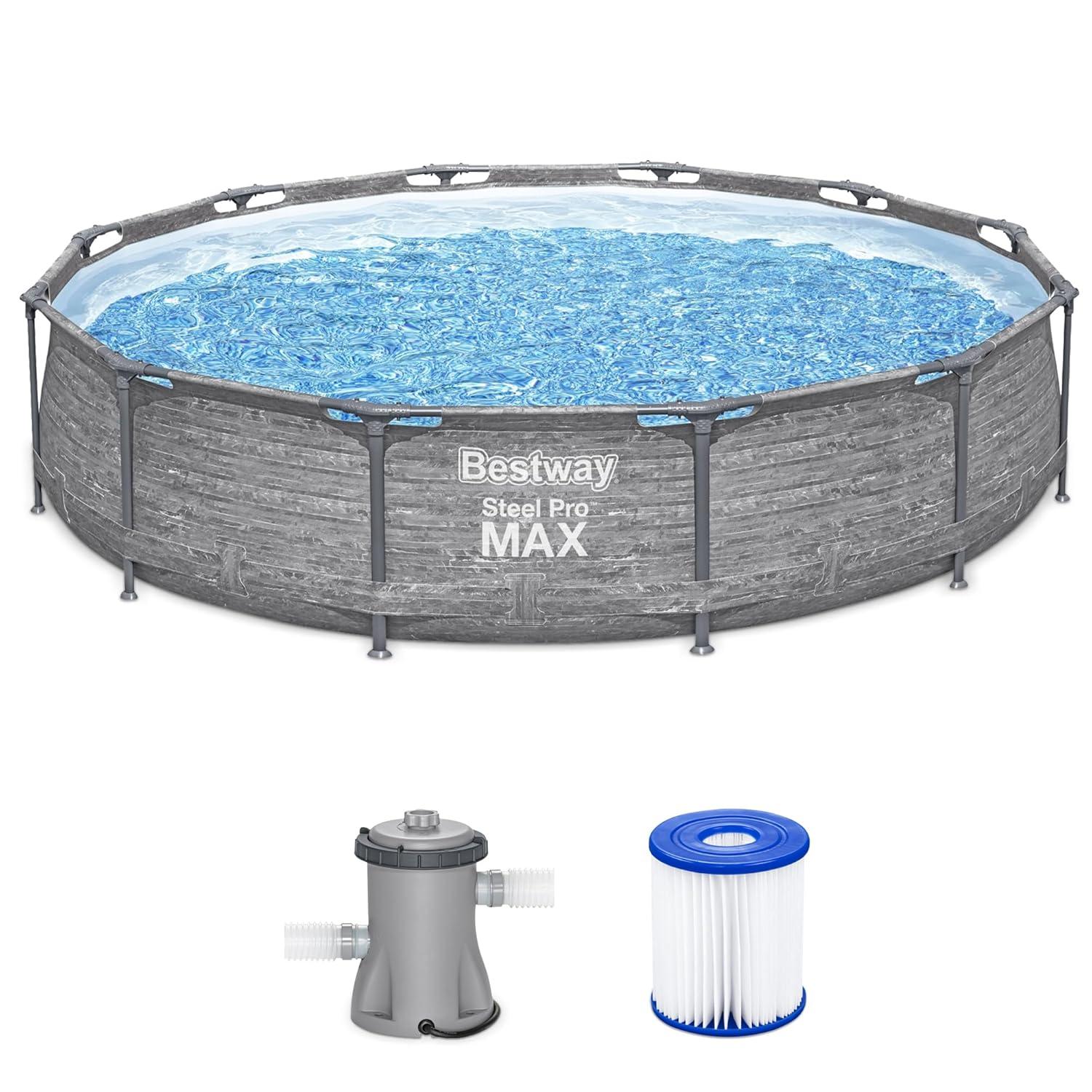 Bestway Steel Pro MAX 12' x 30" Round Above Ground Swimming Pool Set Outdoor Metal Frame Family Pool with Liner and Filter Pump, Gray