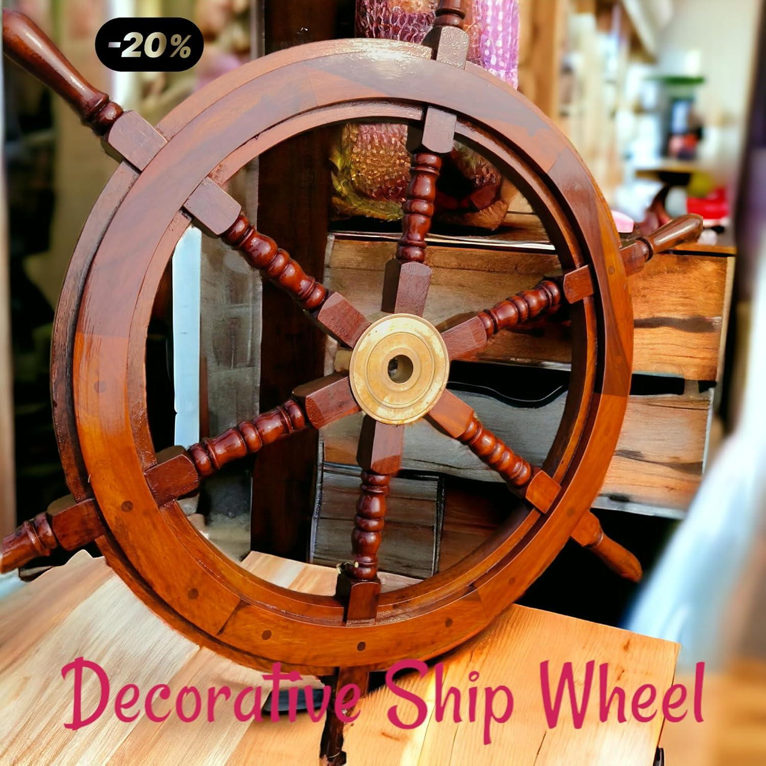 Handcrafted 30" Brown Wood and Brass Nautical Ship Wheel