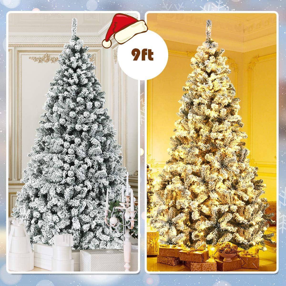 9-Foot White Flocked Pine Christmas Tree with Warm LED Lights