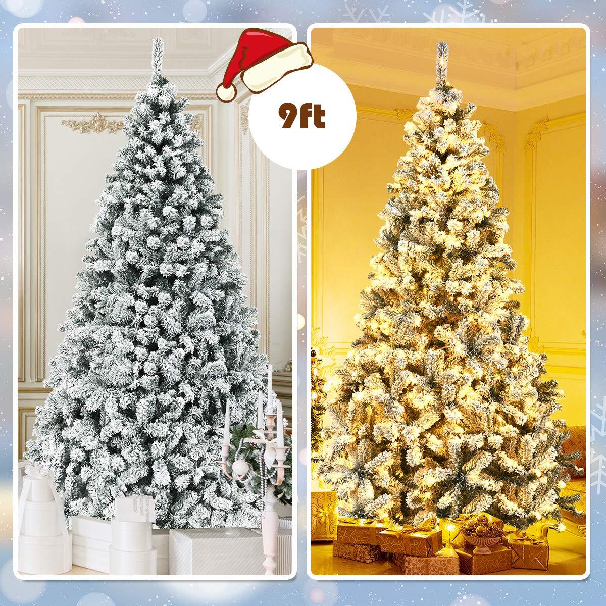 9-Foot White Flocked Pine Christmas Tree with Warm LED Lights