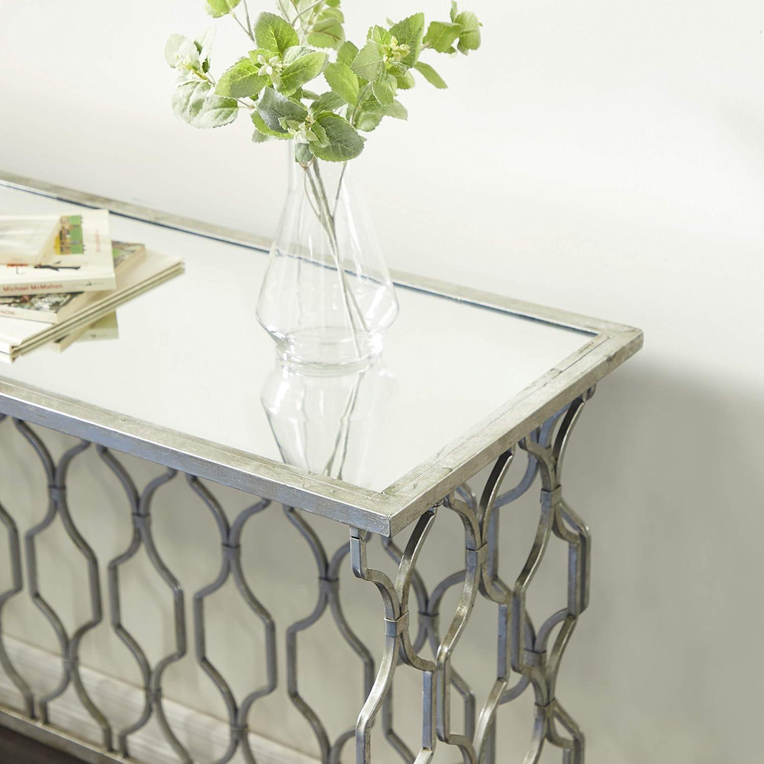 DecMode Contemporary Rectangular Metal with Mirror Top Console Table, 55"W x 32"H Features Silver Circular Trellis Pattern