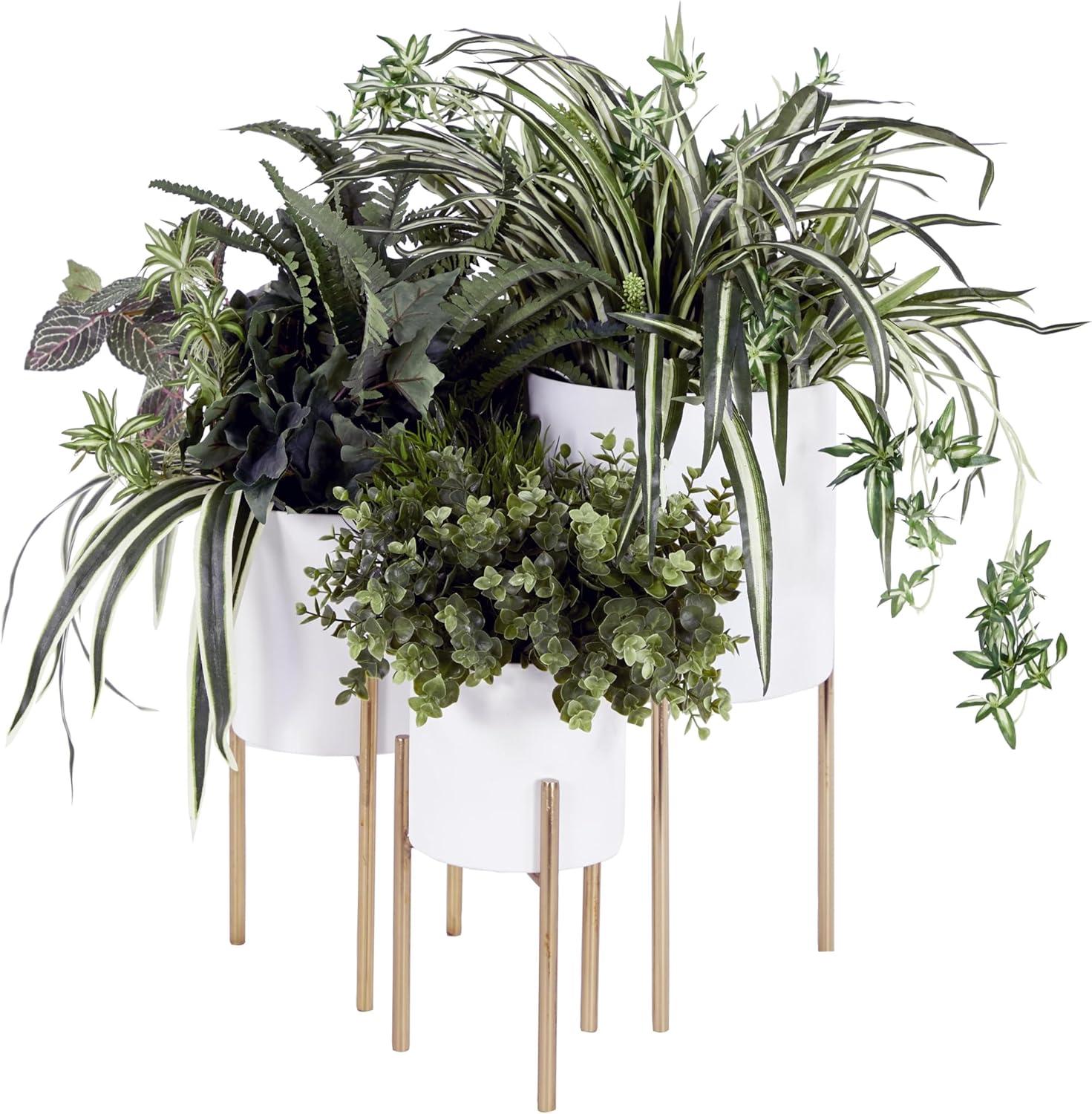 DecMode 18", 14", 12"H White Metal Planter with Removable Gold Stand (3 Count)