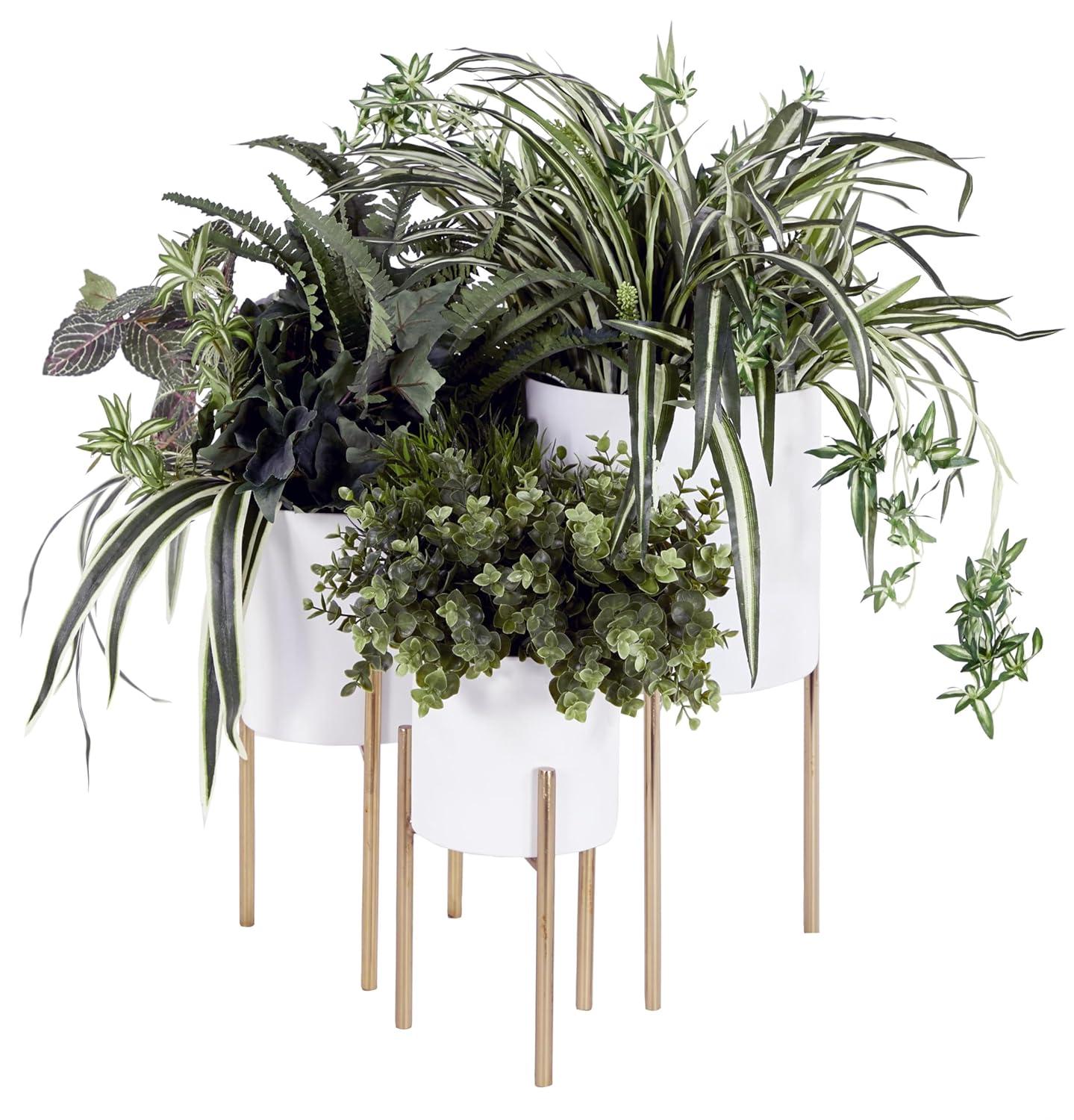 DecMode 18", 14", 12"H White Metal Planter with Removable Gold Stand (3 Count)