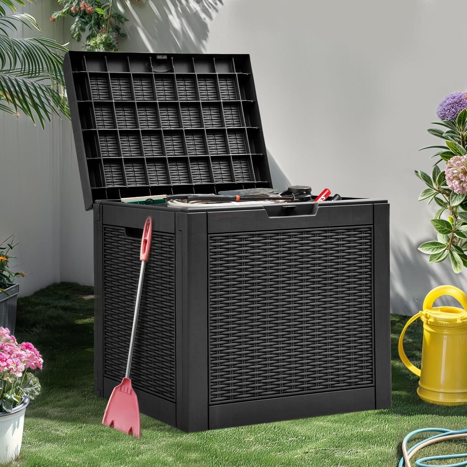 YITAHOME 32 Gallon Rattan Deck Box, Indoor Outdoor Storage Box for Patio Furniture, Pool Accessories, Cushions, Garden Tools, Sports Equipment, Waterproof Resin with Lockable Lid & Side Handles, Black