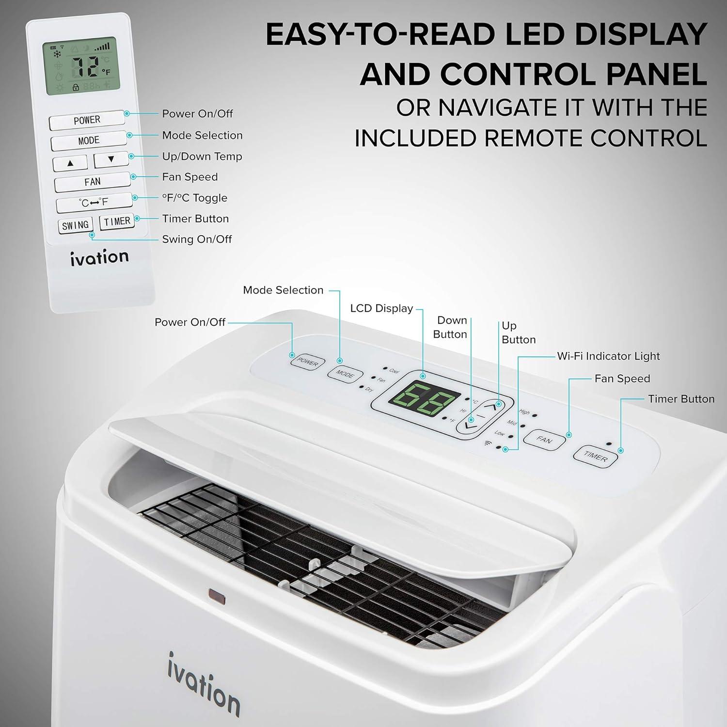 Ivation Ivation 12000 BTU Wi-Fi Connected Portable Air Conditioner for 500 Square Feet with Remote Included