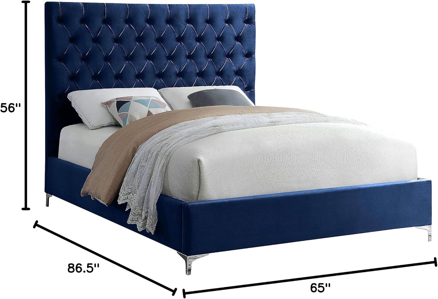 Meridian Furniture Cruz Solid Wood Tufted Velvet Queen Bed in Navy