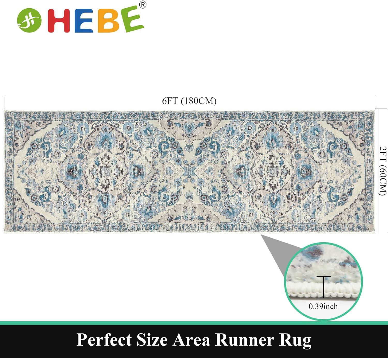 ZACOO 2' x 6' Machine Washable Runner Rug Traditional Area Rugs Carpet Farmhouse Foldable Accent Rug for Hallway Kitchen, Blue