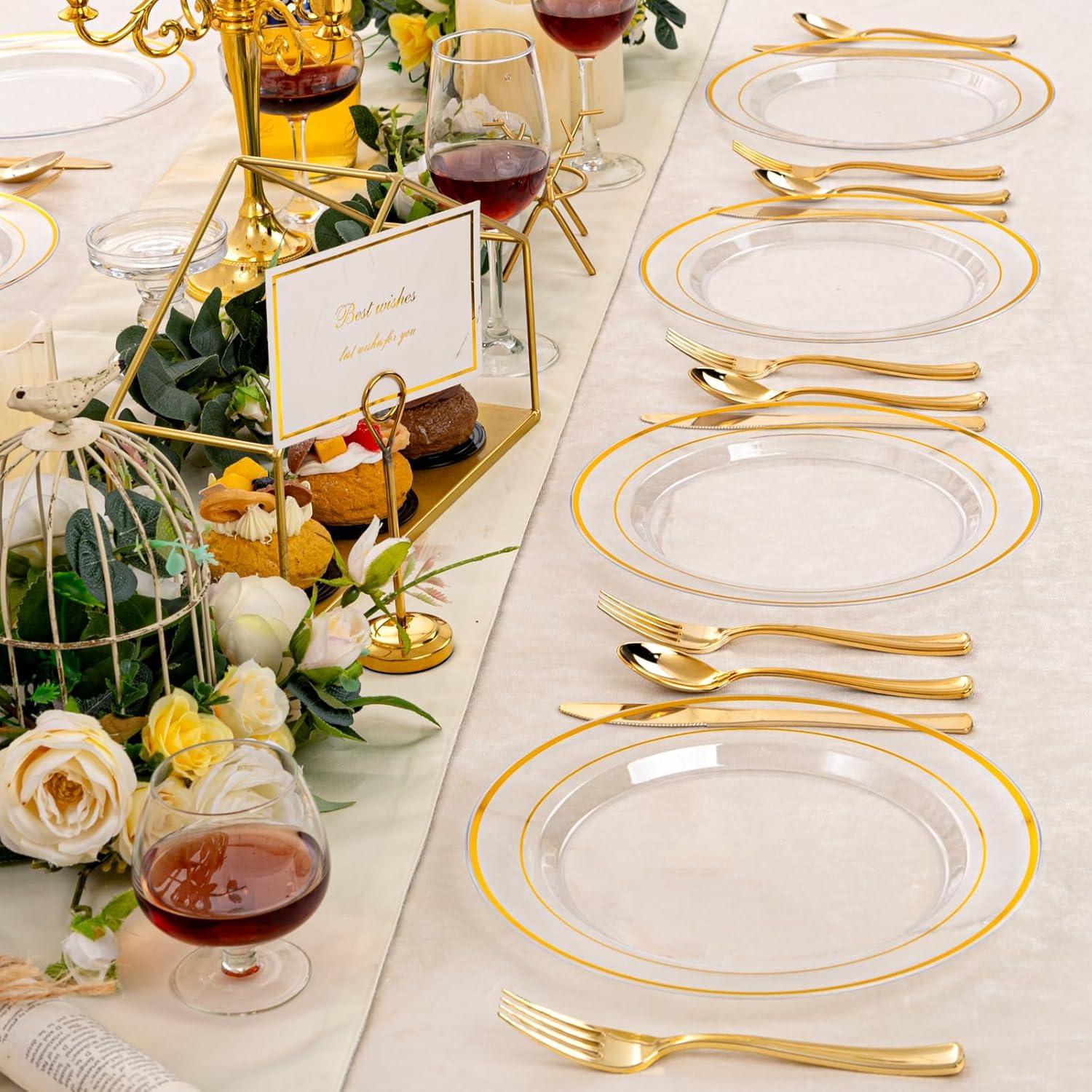 I00000 60pcs Plastic Gold Plates,10.25 inch Gold Rimmed Dinner Plates, White Disposable Plates, Parties or Wedding