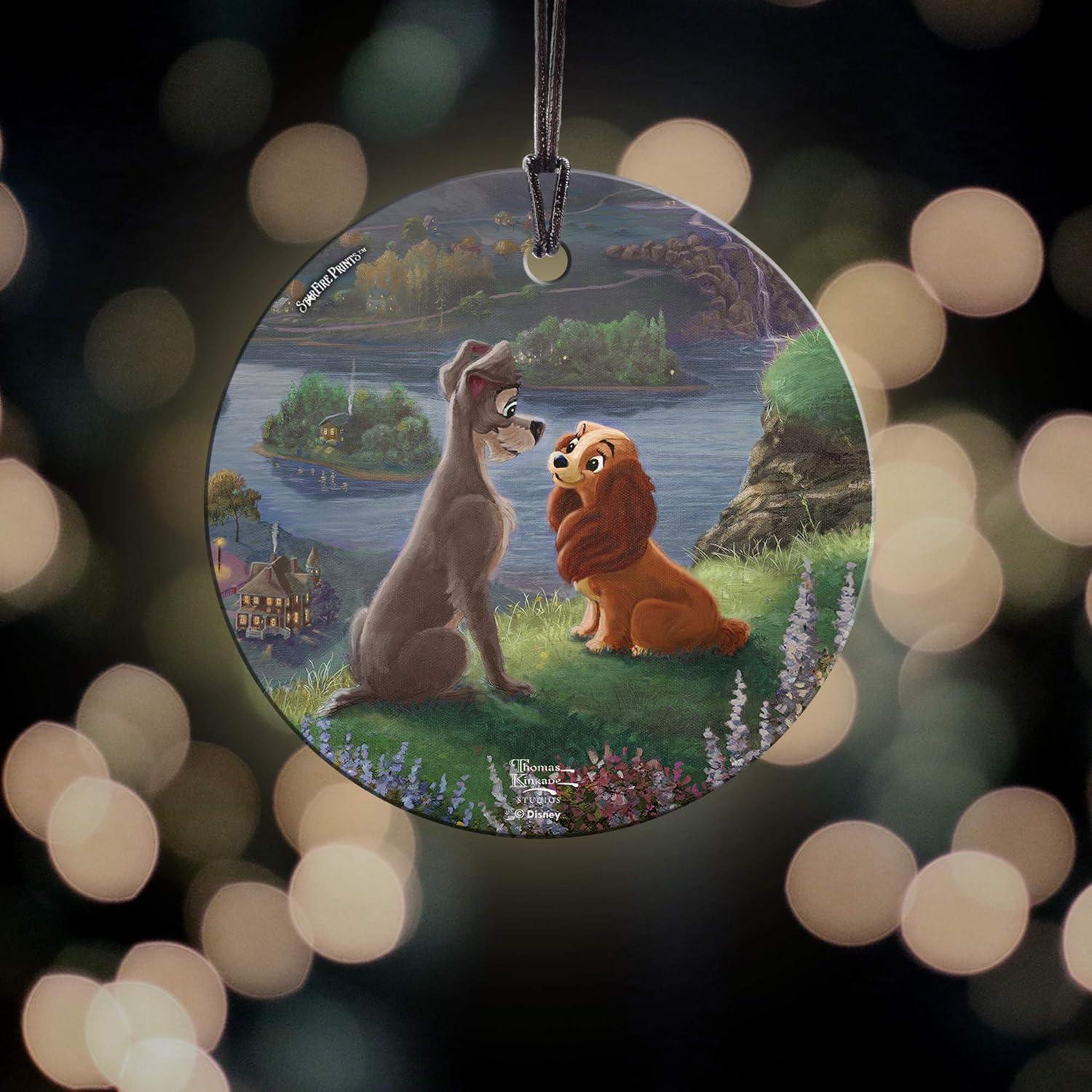 Disney – Lady and The Tramp – Falling in Love – Thomas Kinkade – 3.5” Starfire Prints Hanging Glass Print Accessory - Ideal for Gifting and Collecting – by Trend Setters Ltd.