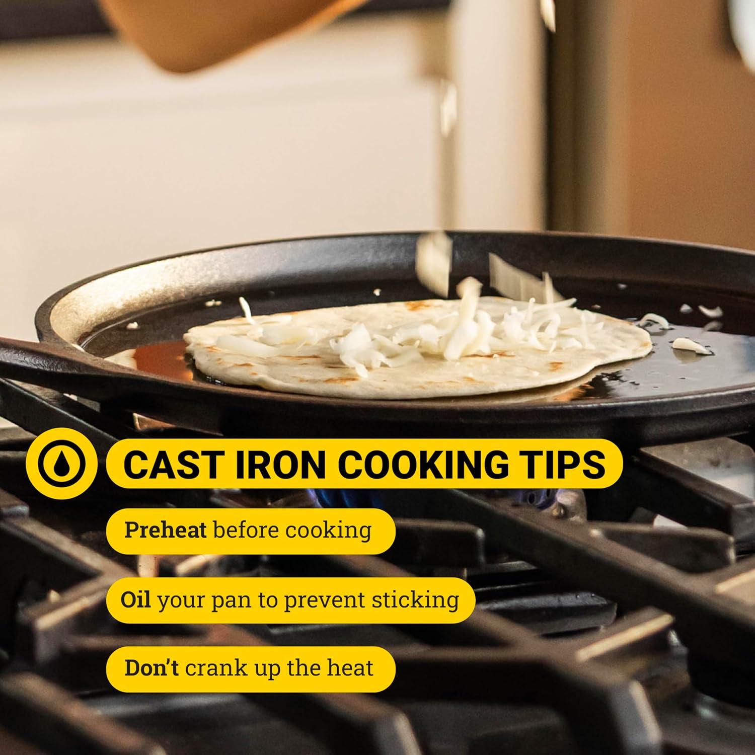 Lodge 10.5" Cast Iron Griddle: Preseasoned Nonstick Crepe Pan, Smooth Surface & Gas Compatible, Hand Wash, Black