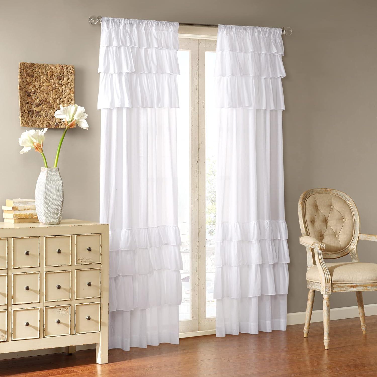 White Cotton Ruffled Rod Pocket Light-Filtering Curtain Panel