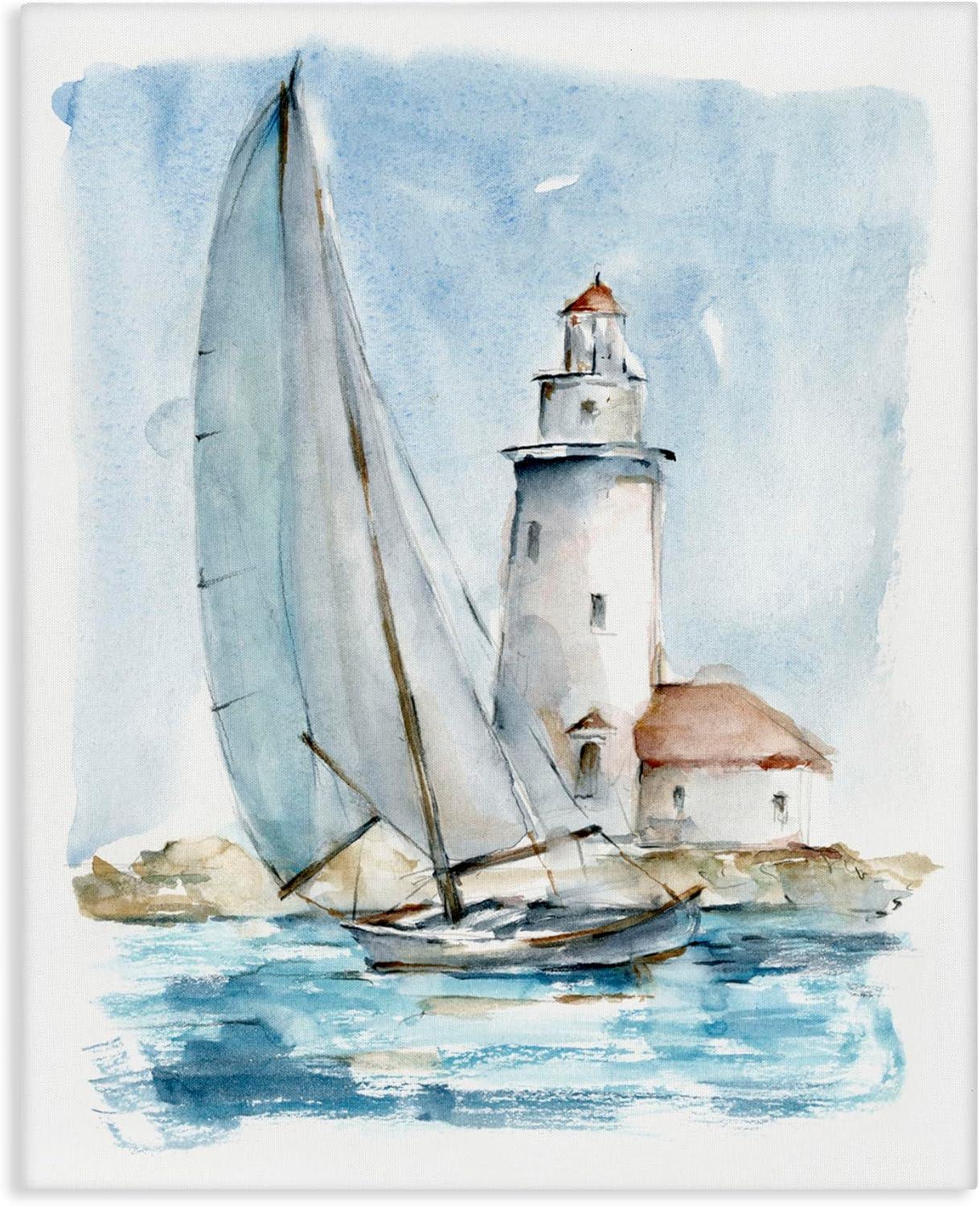 Stupell Industries Au-416-Canvas " Nautical Sailboat & Lighthouse " by Ethan Harper Painting Print