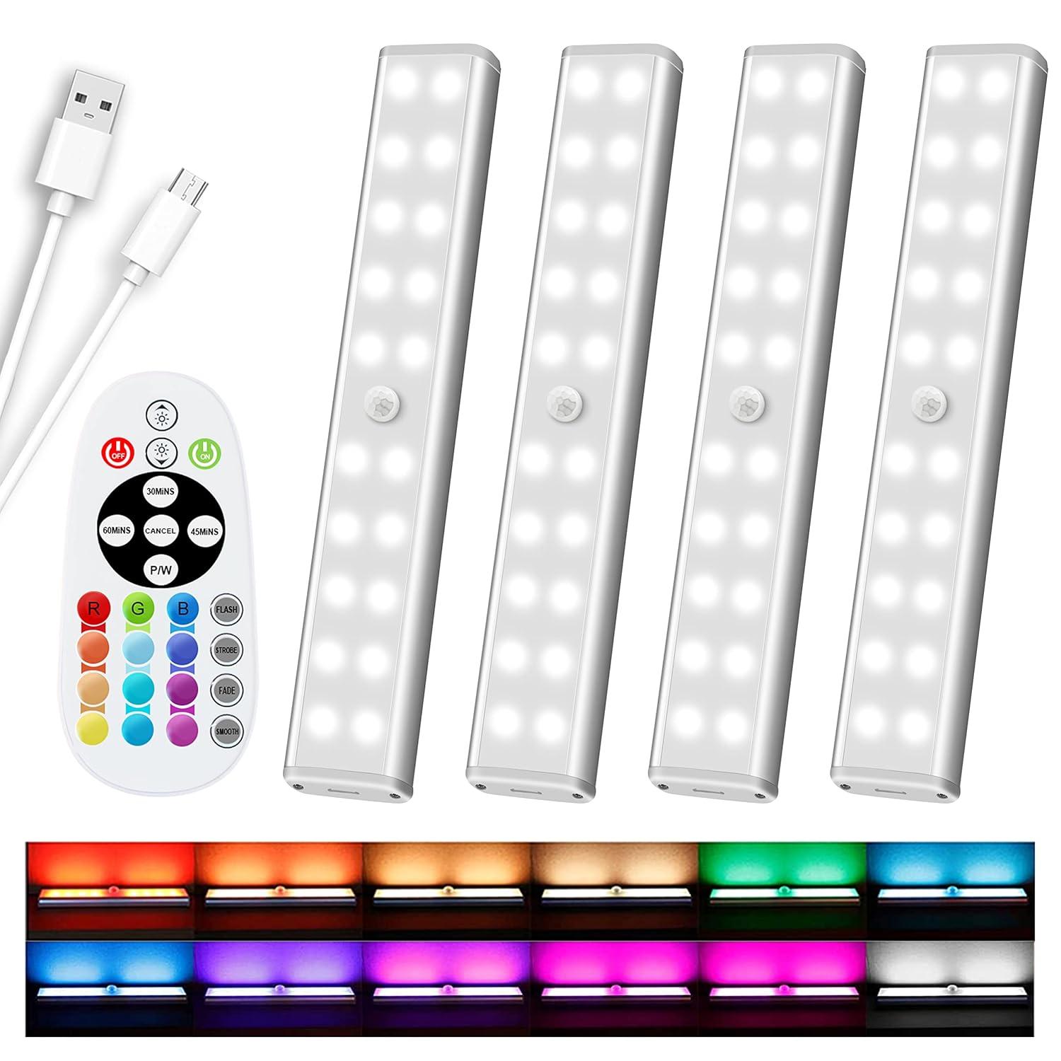 Remote Control RGB Lights Under Cabinet Lighting Rechargeable, 48-LED Wireless Kitchen Counter Lights Closet Light RGB Bar Perfect for Indoor Pantry Display Shelf Hallway 1 Pack, 15 Color Changing