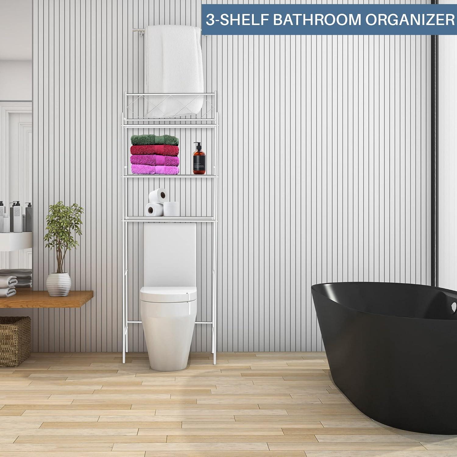 Metal Over The Toilet Space Saver and Organizer White - J&V TEXTILES: Powder-Coated Stainless Steel, 3 Fixed Shelves