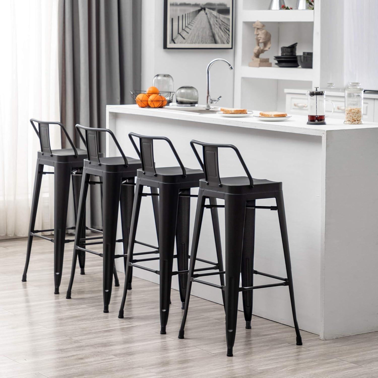 Set of 4 Black Metal and Wood Counter Height Bar Stools