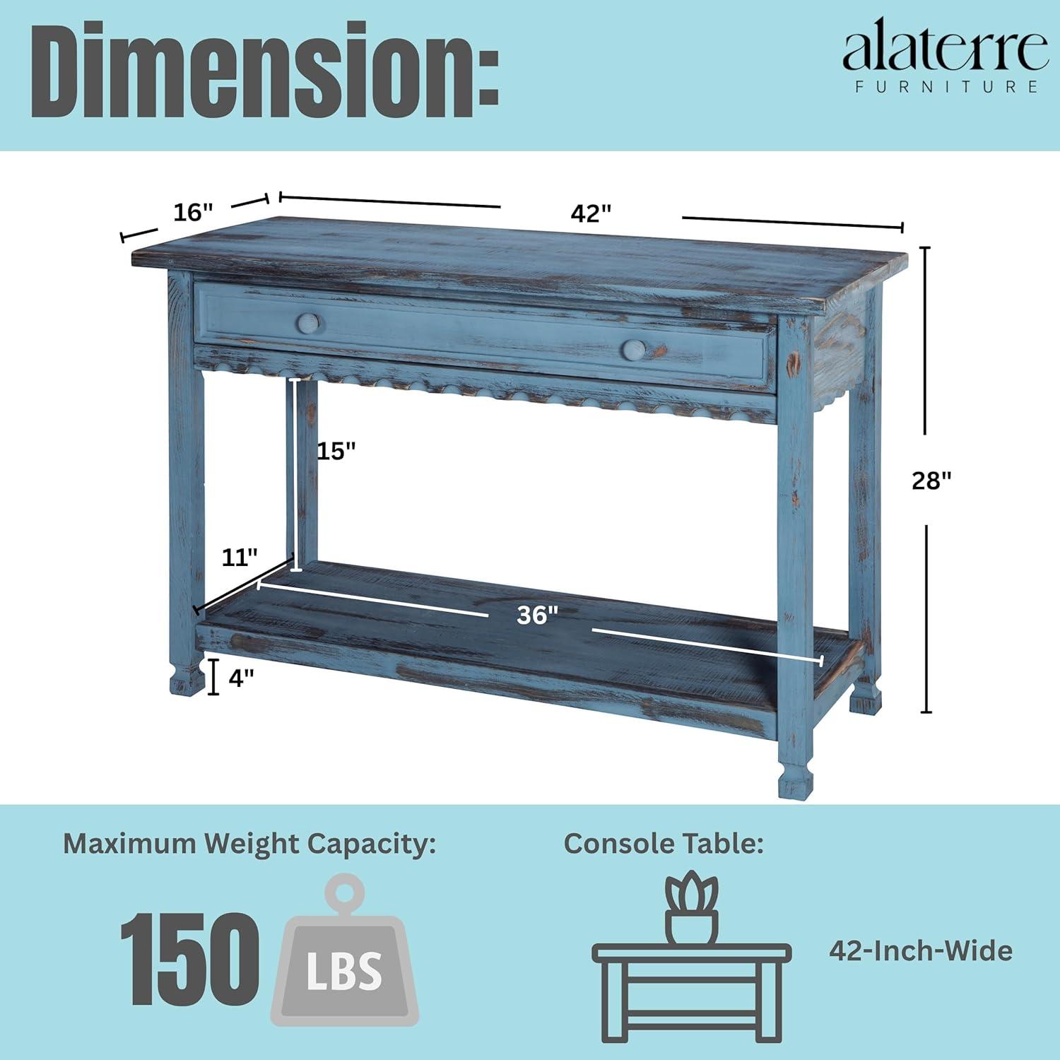Alaterre Furniture Country Cottage Media/Console Table, Solid Pine Wood Perfect for Living Room, Entryway, Hallway, Blue Antique Finish