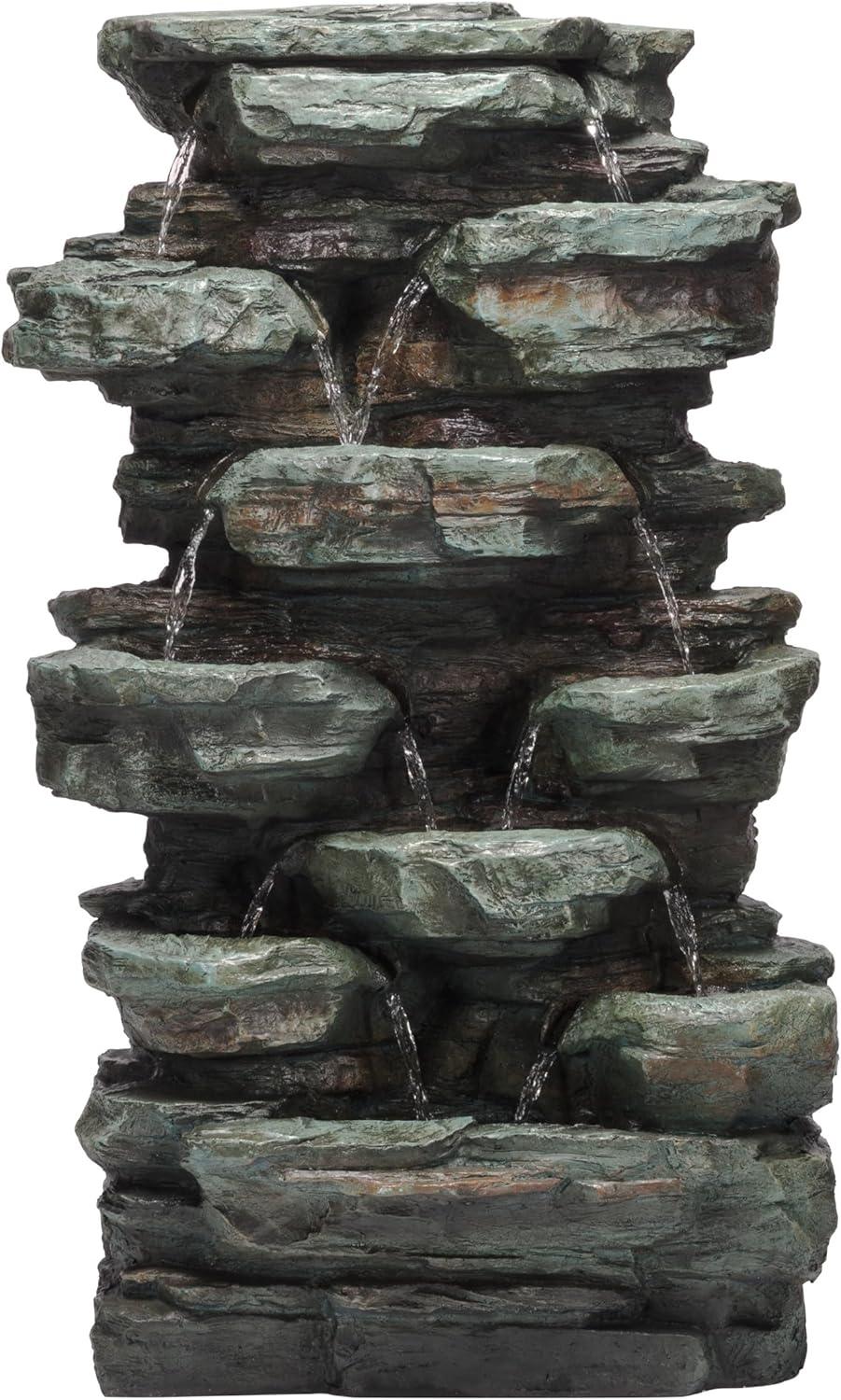 Gray Stone 39" Solar Powered Tiered Rock Fountain with LED Lights