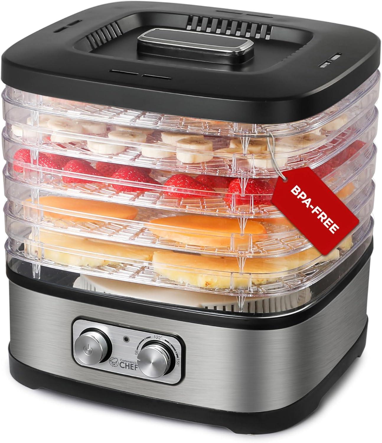 COMMERCIAL CHEF Food Dehydrator with 5 Adjustable Height Trays, Stainless Steel