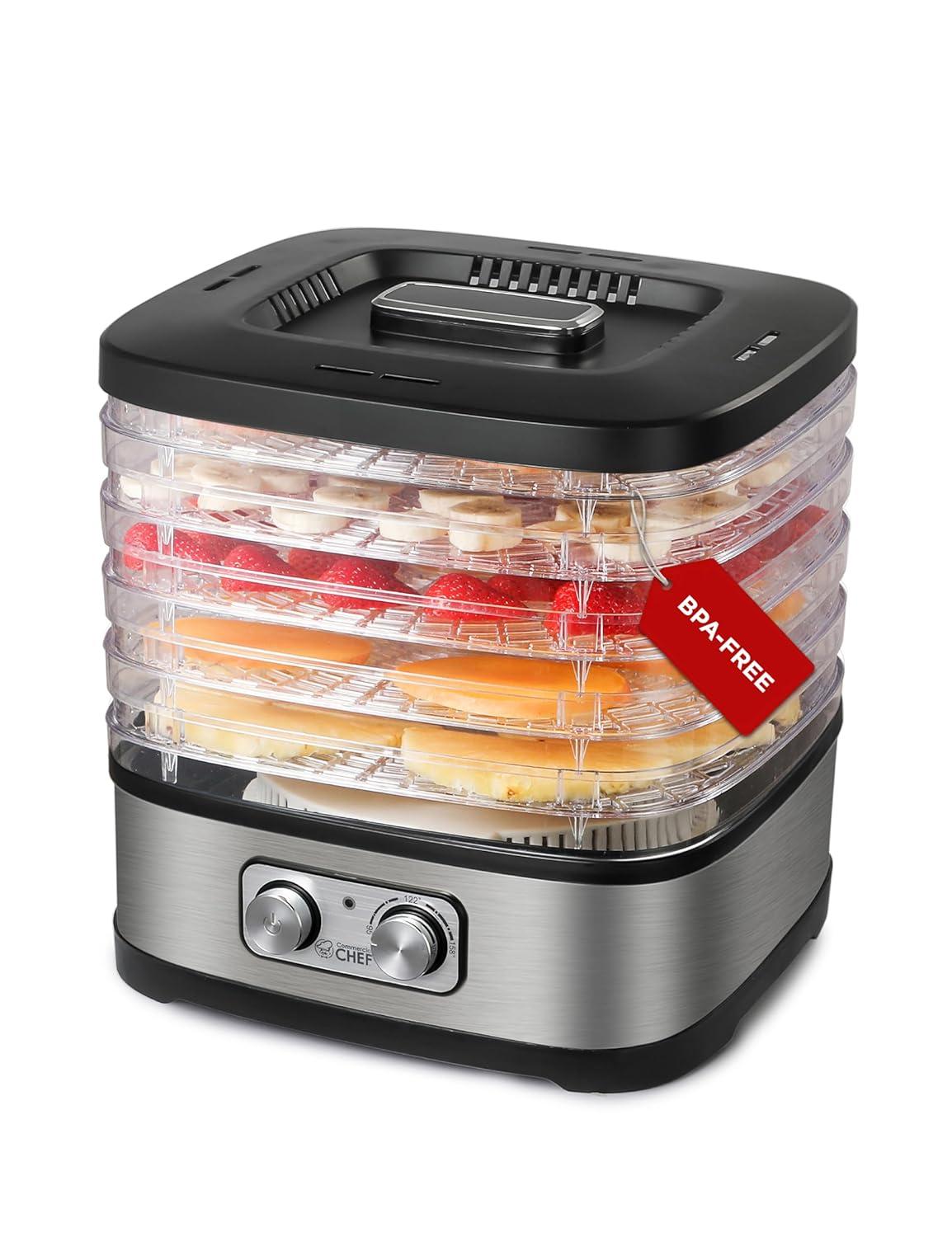 COMMERCIAL CHEF Food Dehydrator with 5 Adjustable Height Trays, Stainless Steel