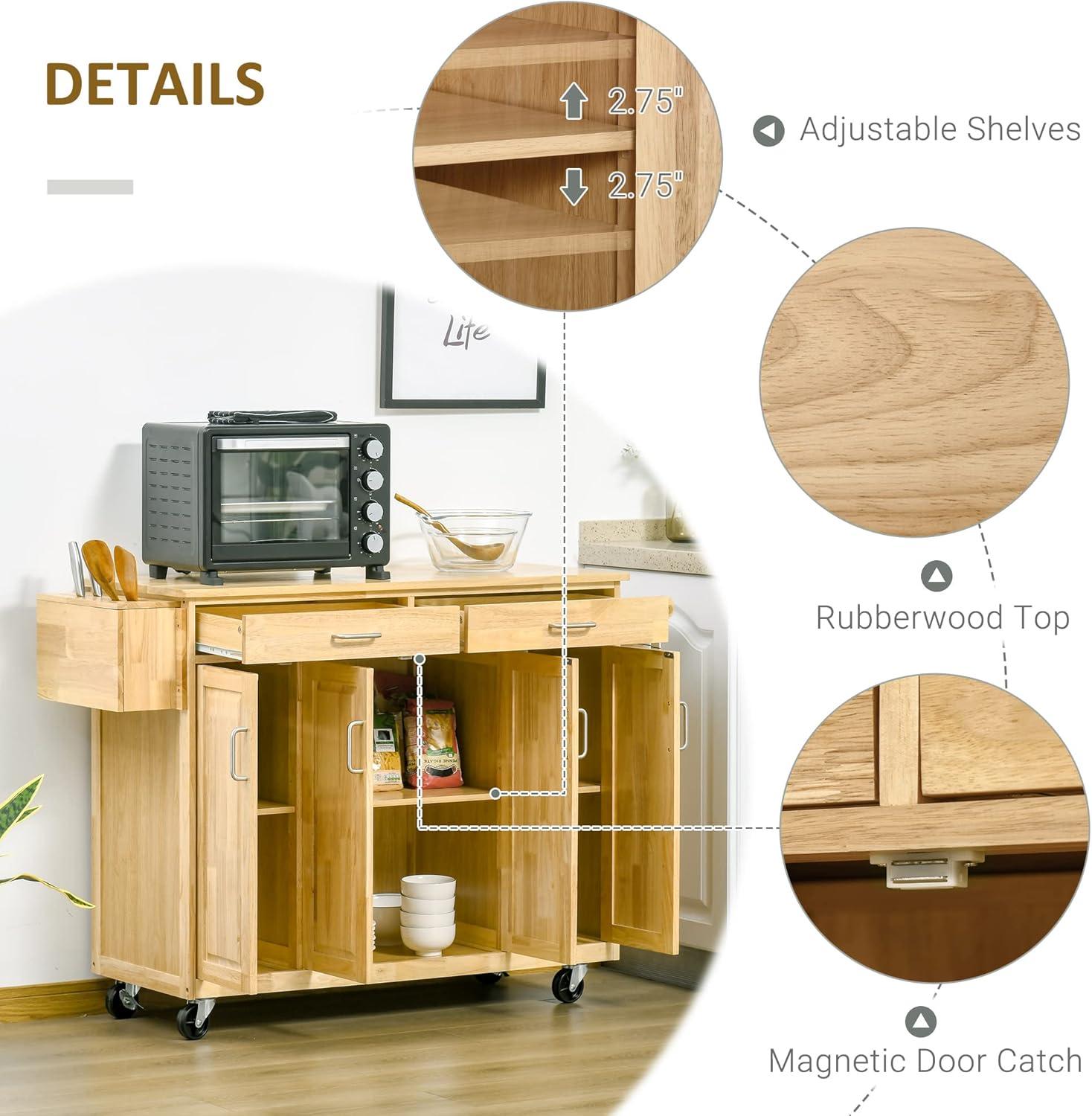 Natural Wood Kitchen Cart with Drawers and Spice Rack