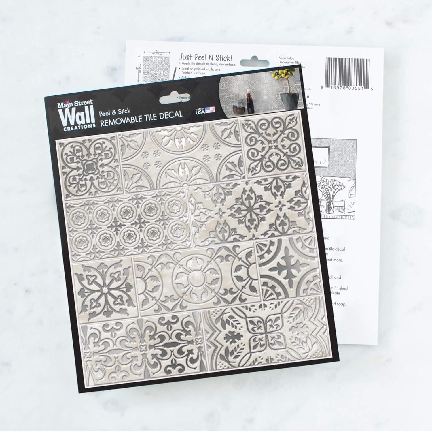 24-Pack of 8" x 8" Paper Peel and Stick Tiles. Metallic Embossed White Silver Inlay Backsplash. Removable Wallpaper for Walls, Backsplash, and Art Projects by Main Street Creations.