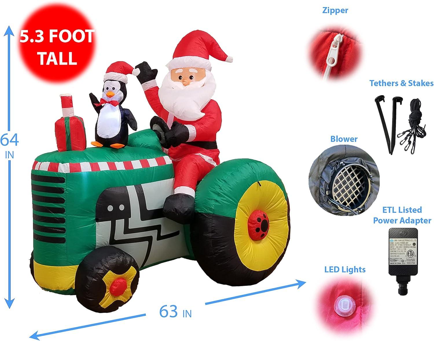 5.3 Foot Inflatable Santa Claus on Tractor with Penguin and LED Lights