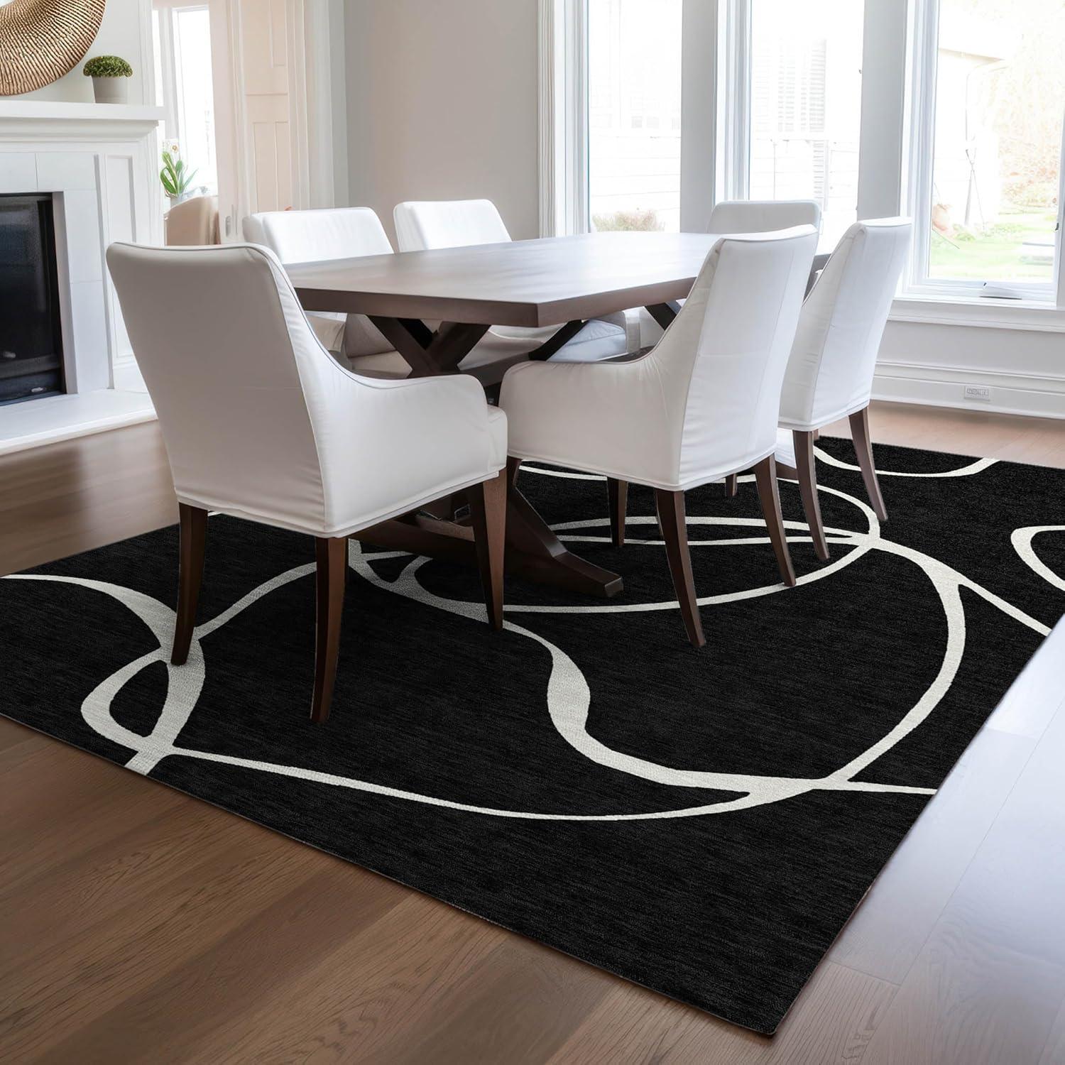 Black and White Flat Woven Synthetic Rectangular Area Rug