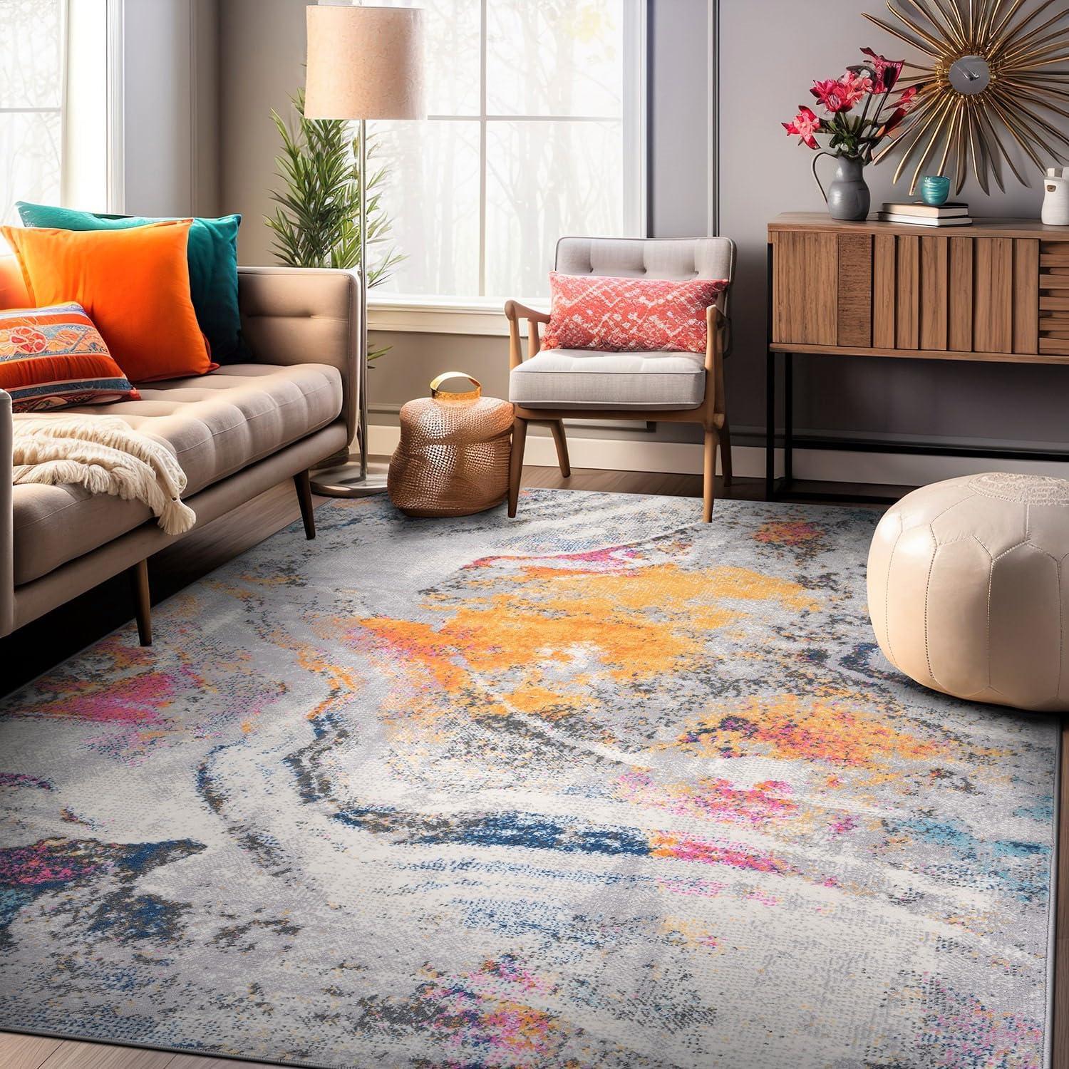 World Rug Gallery Distressed Contemporary Abstract Watercolor Stain Resistant Soft Area Rug