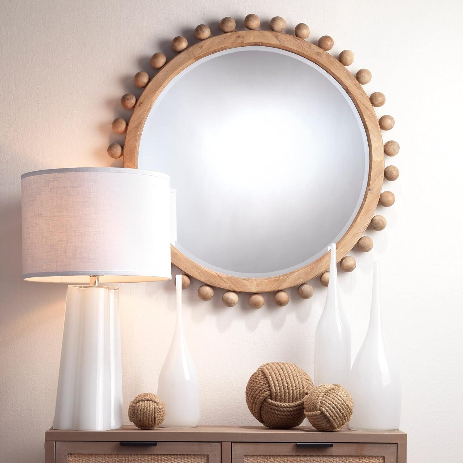 Orion Round Light Wood Mirror with Gold Ornamental Beads