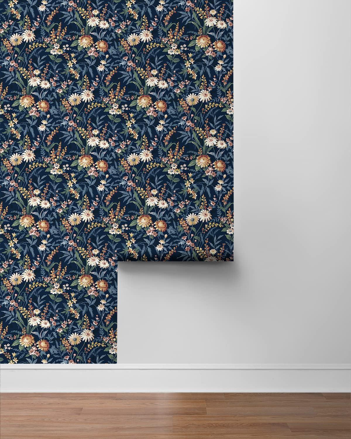 NextWall  Vintage Floral Peel and Stick Wallpaper 20.5 in. W x 18 ft. L - Navy Blue