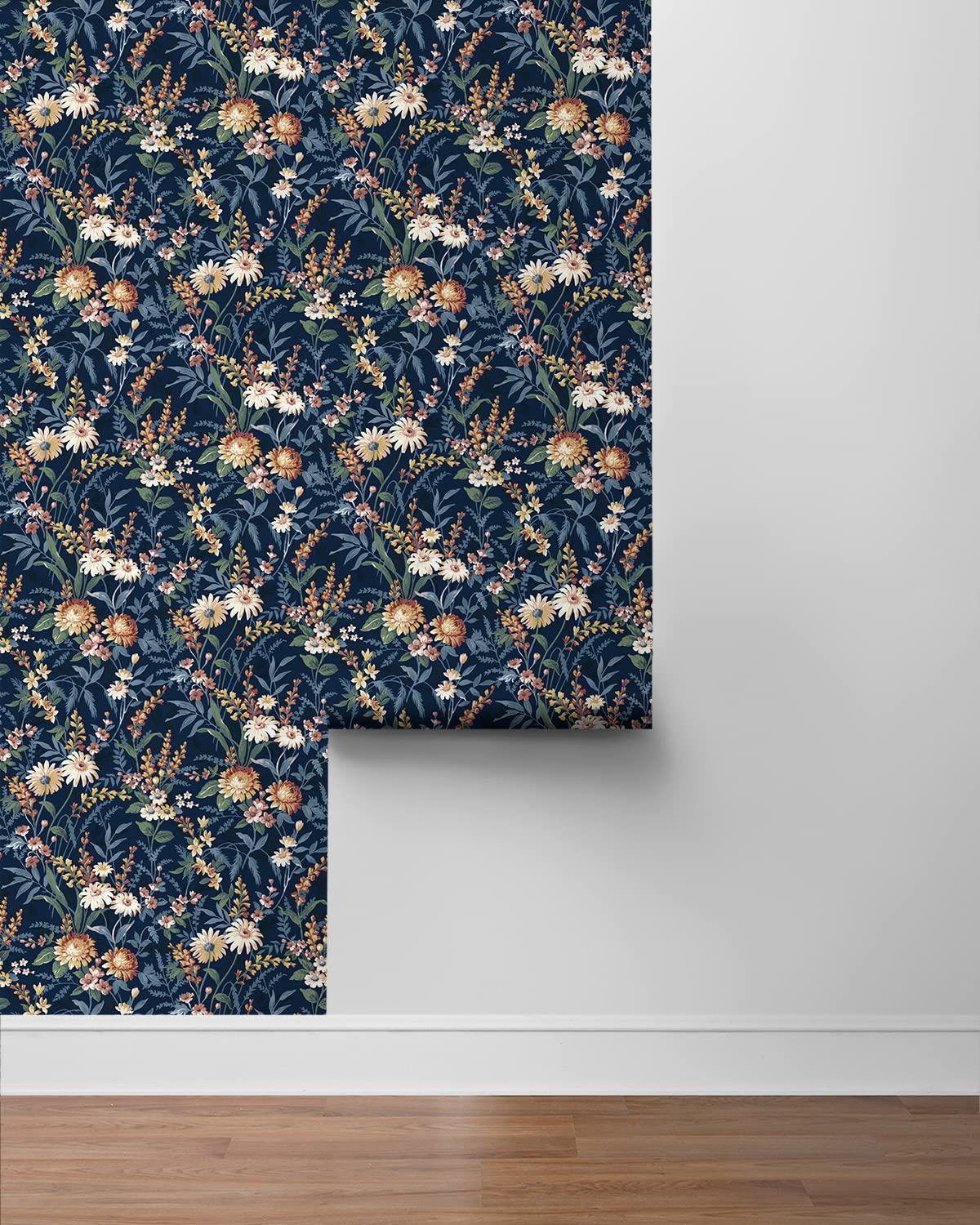 NextWall  Vintage Floral Peel and Stick Wallpaper 20.5 in. W x 18 ft. L - Navy Blue