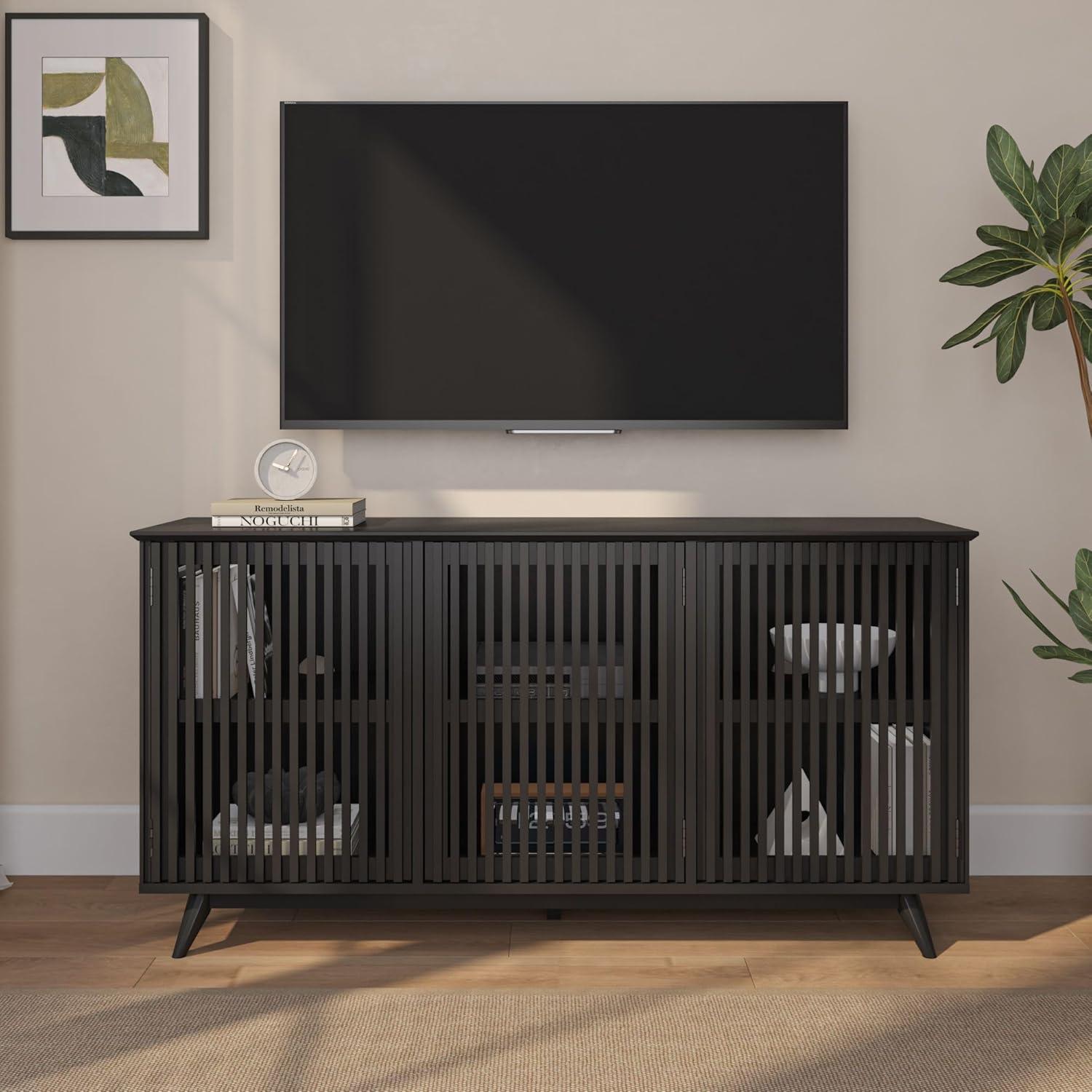 Plank+Beam Mid Century Modern Solid Wood Sideboard with 3 Doors, 59" TV Stand for Living Room, Black