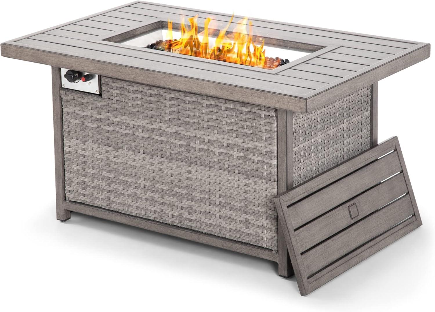 Gray Aluminum and Wicker Rectangular Gas Fire Pit Table